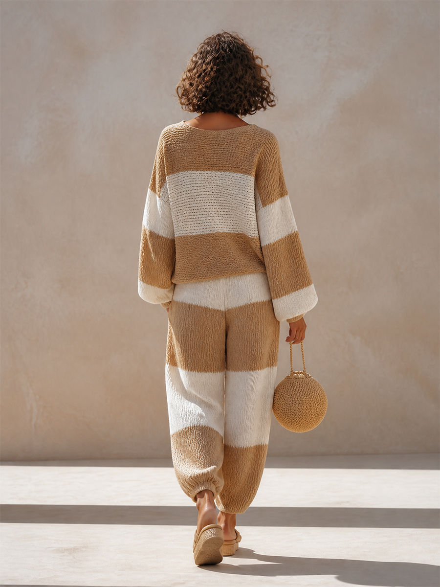 Women's Casual Wool-Knit Contrast-Stripe Round-Neck Dropped-Shoulder Blouson-Sleeve Sweater & Cuffed Wide-Leg Trouser Set MDZ1855H8CMX