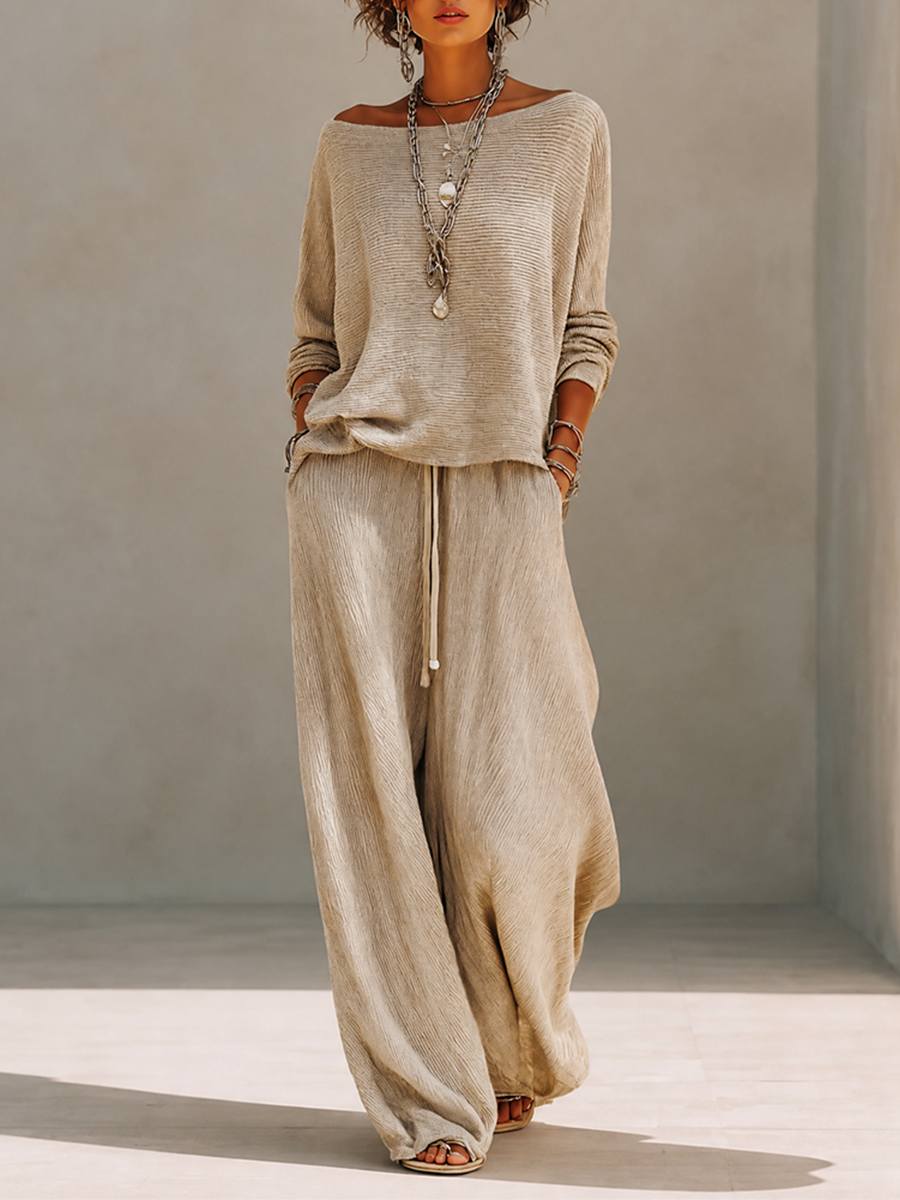 Women's Casual Wool-Knit Boat-Neck Dropped-Shoulder Long-Sleeve Sweater & Drawstring Wide-Leg Trouser Set MDZ1810H2CMX