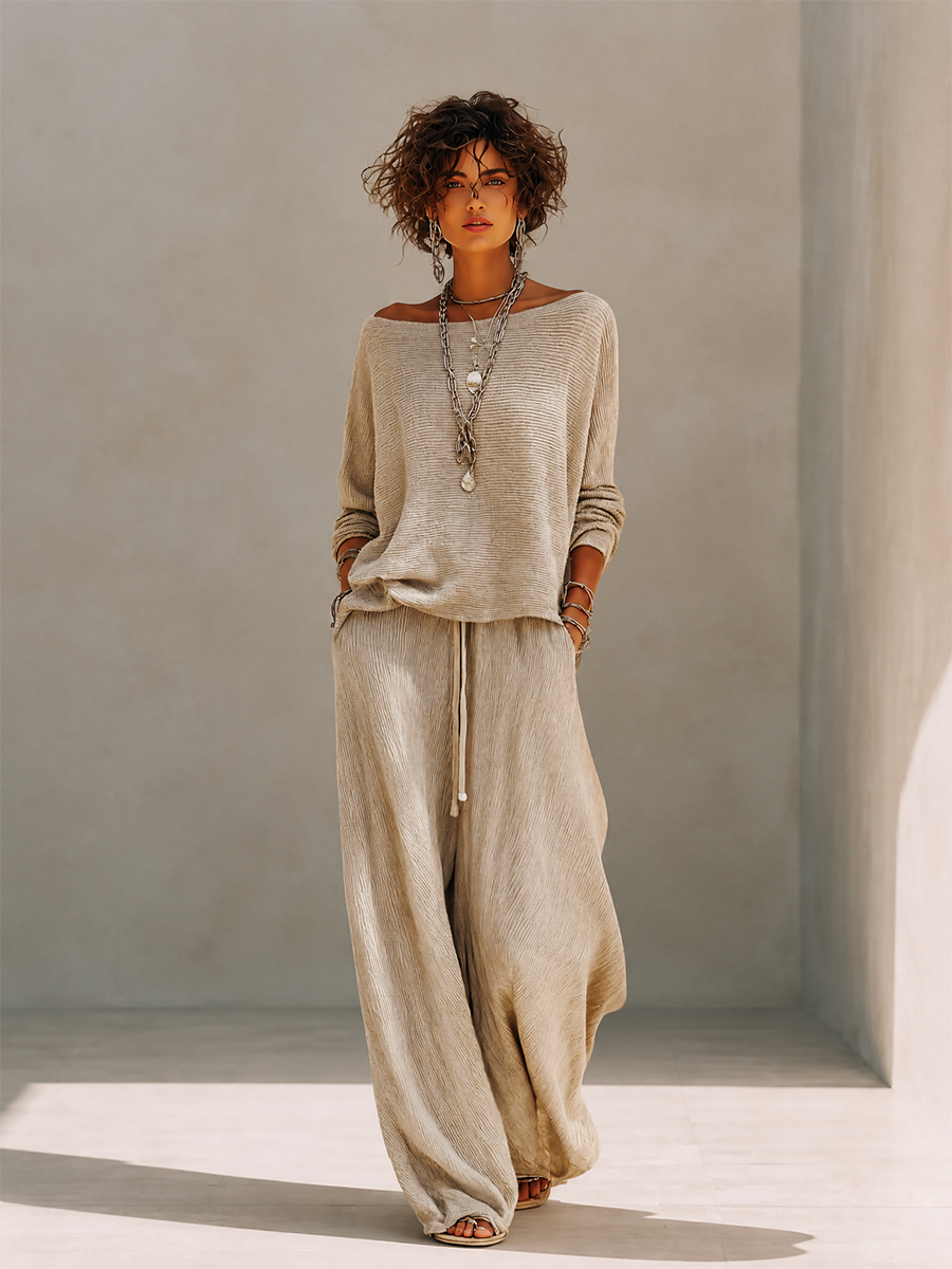 Women's Casual Wool-Knit Boat-Neck Dropped-Shoulder Long-Sleeve Sweater & Drawstring Wide-Leg Trouser Set MDZ1810H2CMX