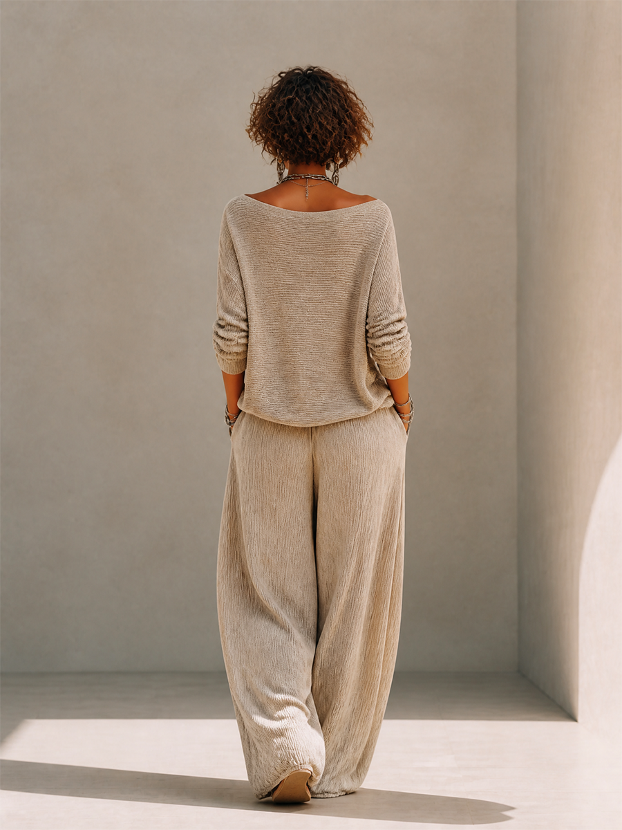 Women's Casual Wool-Knit Boat-Neck Dropped-Shoulder Long-Sleeve Sweater & Drawstring Wide-Leg Trouser Set MDZ1810H2CMX