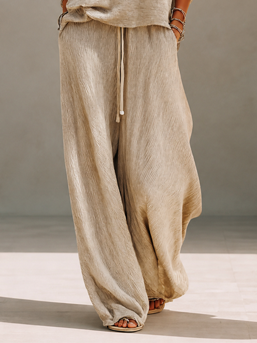 Women's Casual Wool-Knit Boat-Neck Dropped-Shoulder Long-Sleeve Sweater & Drawstring Wide-Leg Trouser Set MDZ1810H2CMX