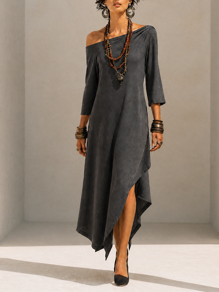 Women's Asymmetric One-Shoulder Three-Quarter-Sleeve Asymmetric-Hem Midi Dress MDZ2147H7CMX