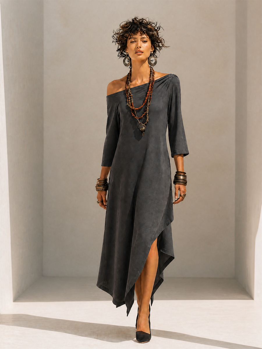 Women's Asymmetric One-Shoulder Three-Quarter-Sleeve Asymmetric-Hem Midi Dress MDZ2147H7CMX