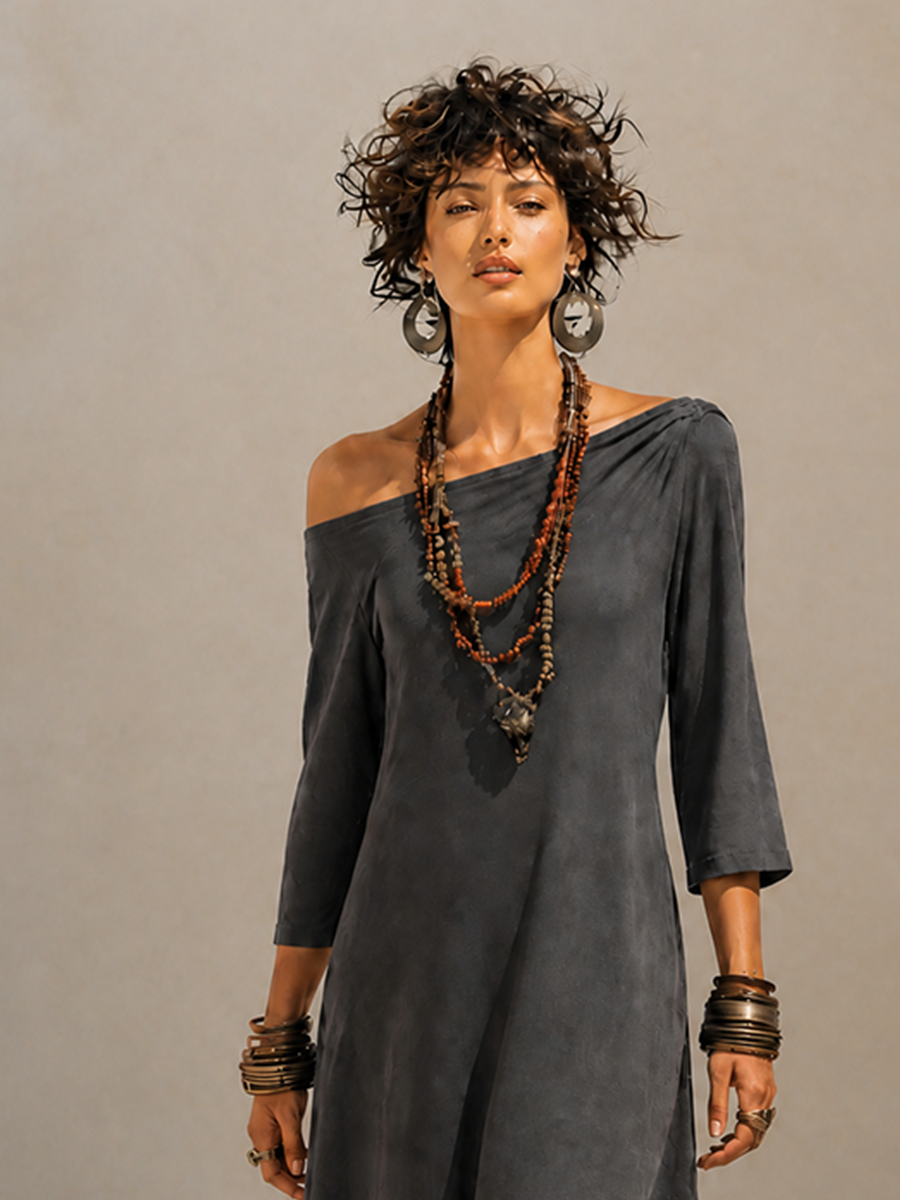 Women's Asymmetric One-Shoulder Three-Quarter-Sleeve Asymmetric-Hem Midi Dress MDZ2147H7CMX