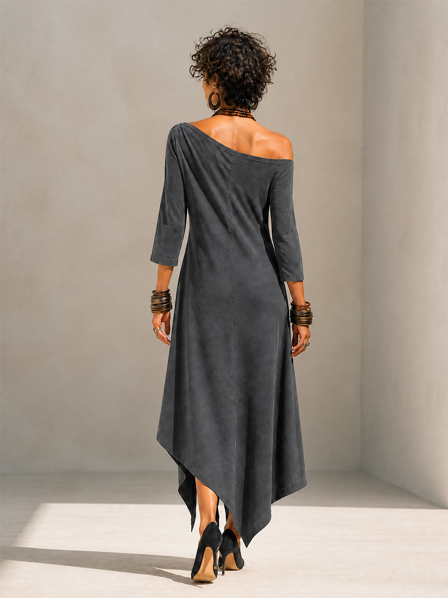 Women's Asymmetric One-Shoulder Three-Quarter-Sleeve Asymmetric-Hem Midi Dress MDZ2147H7CMX
