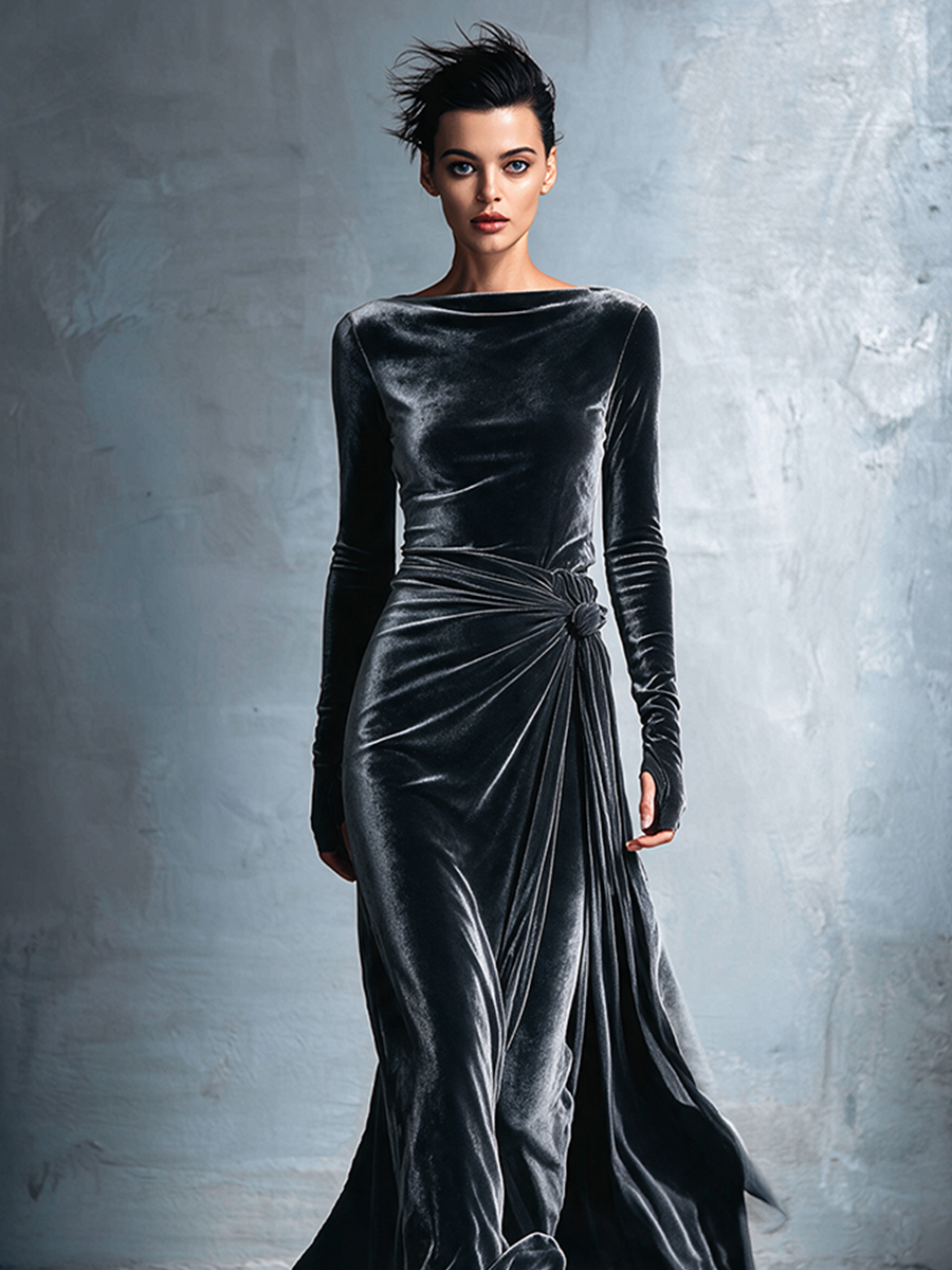 Women's Twist‑Knot Velvet Maxi Dress For Formal Dinner MDZ2122H8LYL