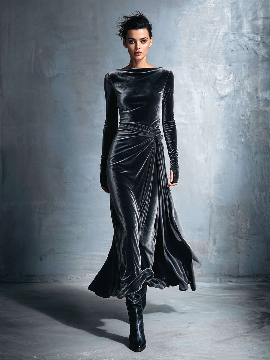 Women's Twist‑Knot Velvet Maxi Dress For Formal Dinner MDZ2122H8LYL