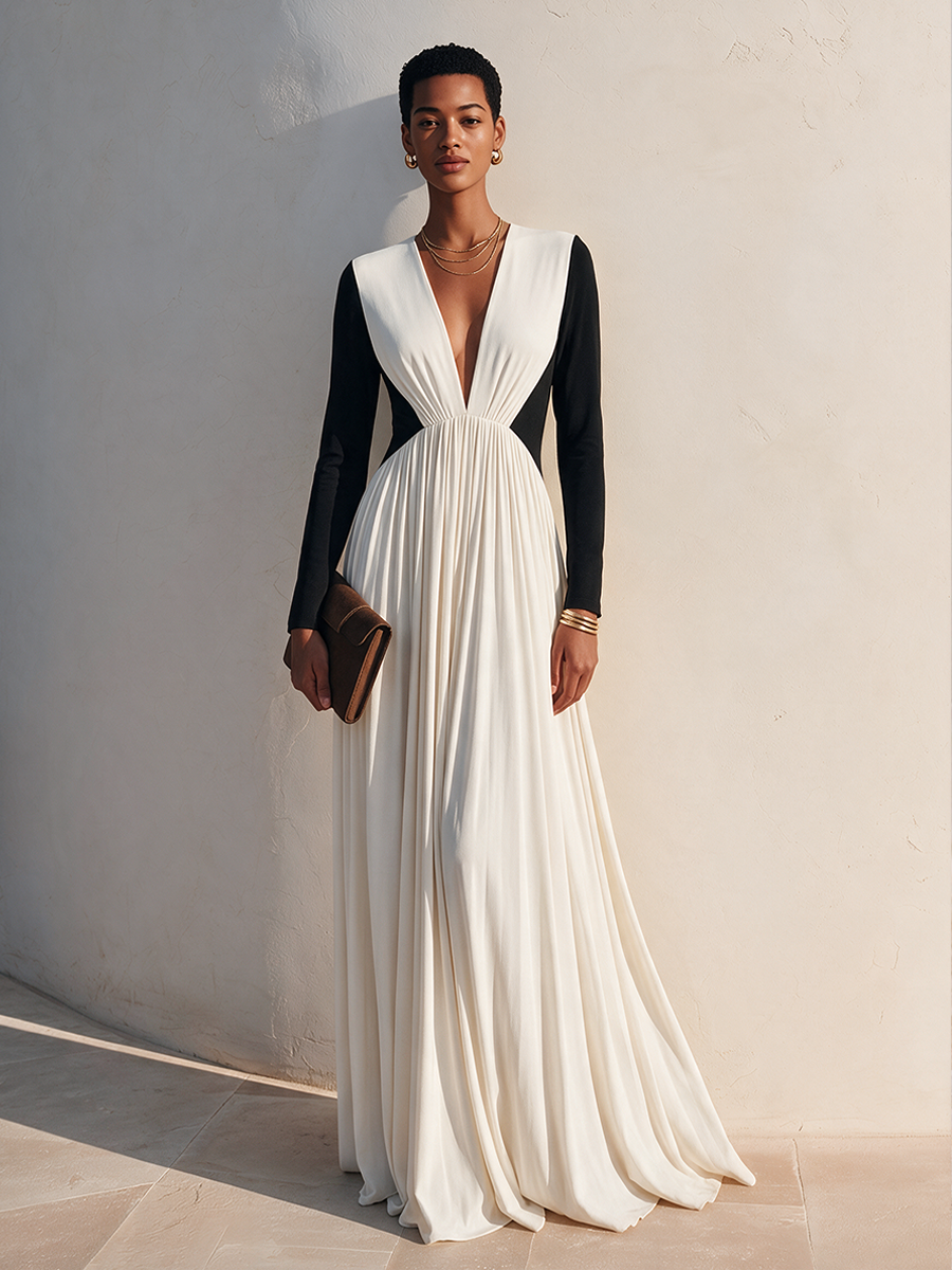 Women's Color-Block Deep V-Neck Cotton-Blend Maxi Dress MDZ2108H7ZRK