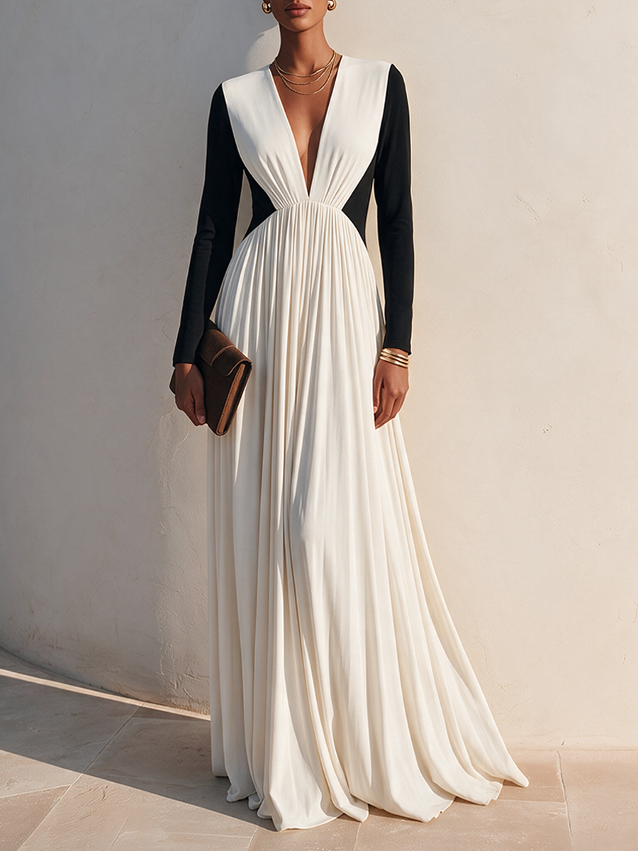 Women's Color-Block Deep V-Neck Cotton-Blend Maxi Dress MDZ2108H7ZRK