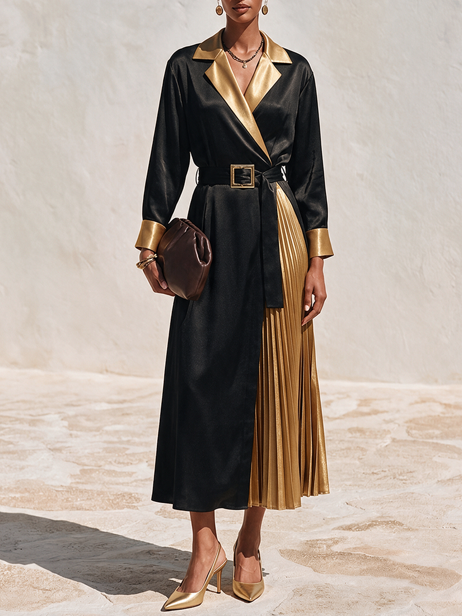 Women's Color-Block Faux-Silk Wrap Midi Dress With Notched Lapel MDZ2175H6ZRK