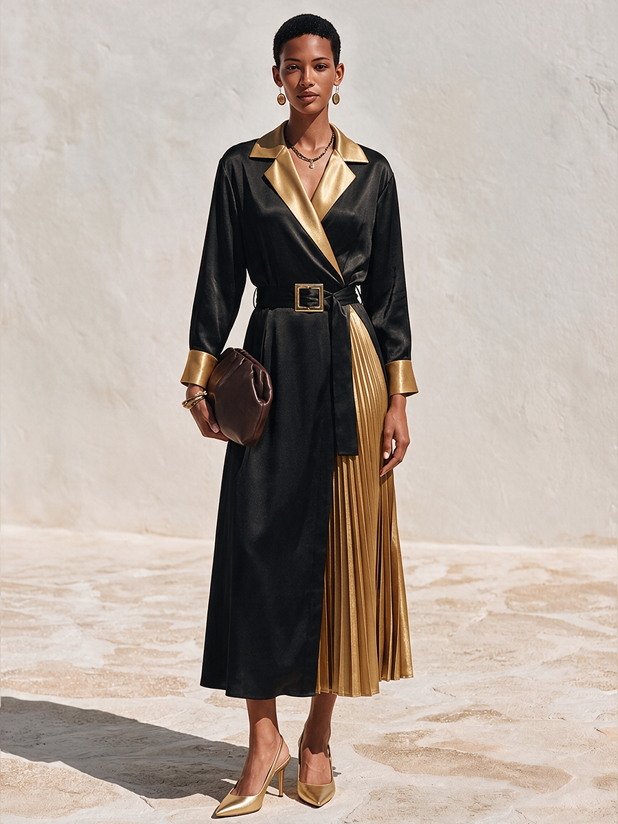 Women's Color-Block Faux-Silk Wrap Midi Dress With Notched Lapel MDZ2175H6ZRK