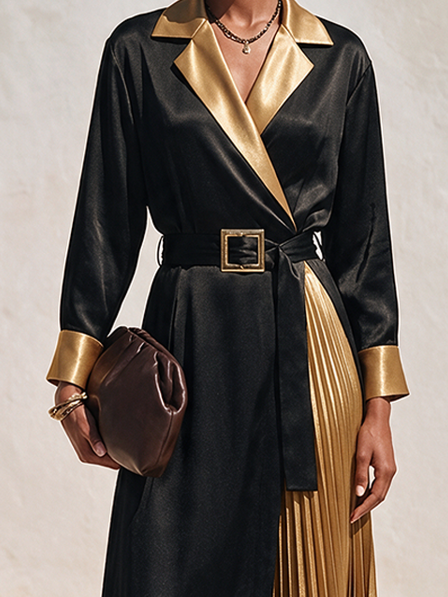 Women's Color-Block Faux-Silk Wrap Midi Dress With Notched Lapel MDZ2175H6ZRK