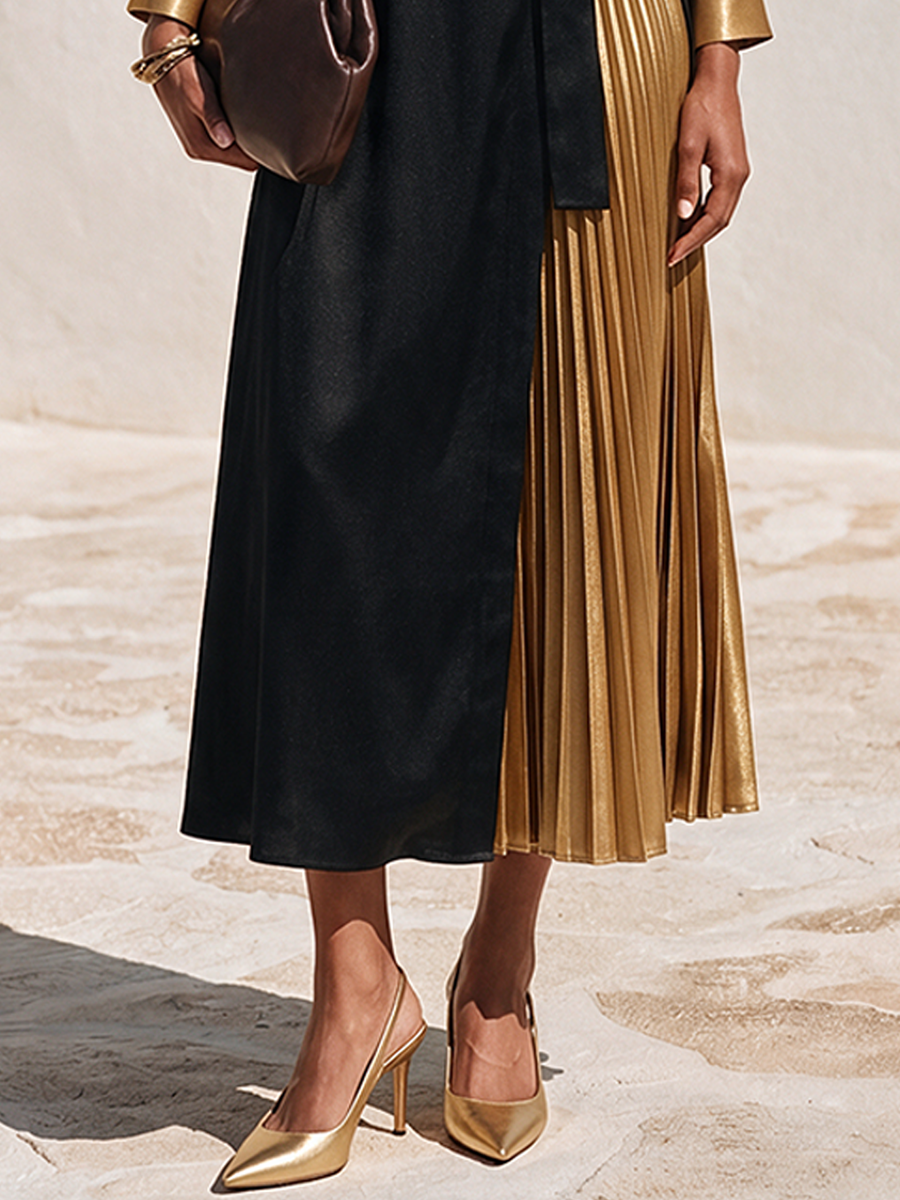 Women's Color-Block Faux-Silk Wrap Midi Dress With Notched Lapel MDZ2175H6ZRK