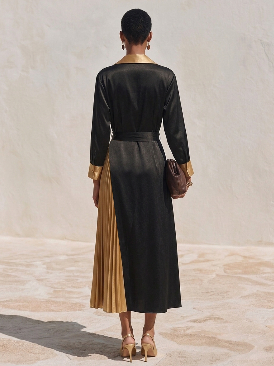 Women's Color-Block Faux-Silk Wrap Midi Dress With Notched Lapel MDZ2175H6ZRK