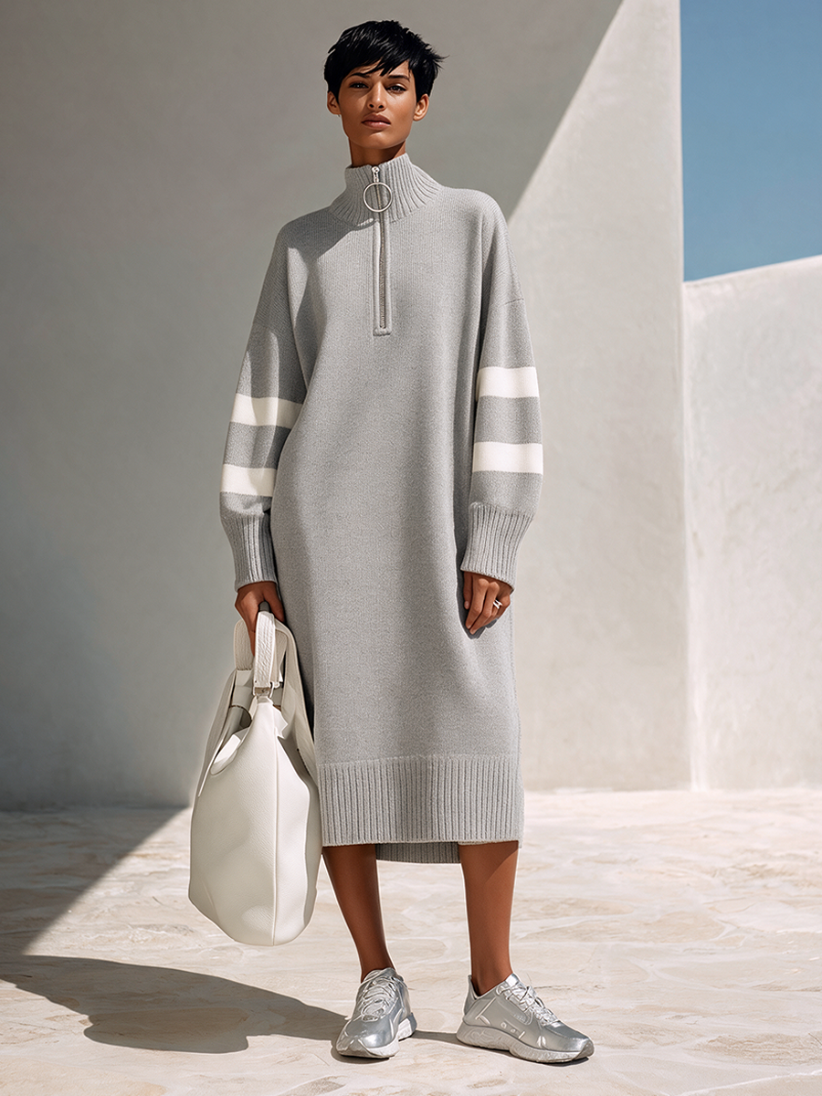 Women's Mid-Length Knit Dress With Half-Zip And Contrast Stripes MDZ2147H5ZRK