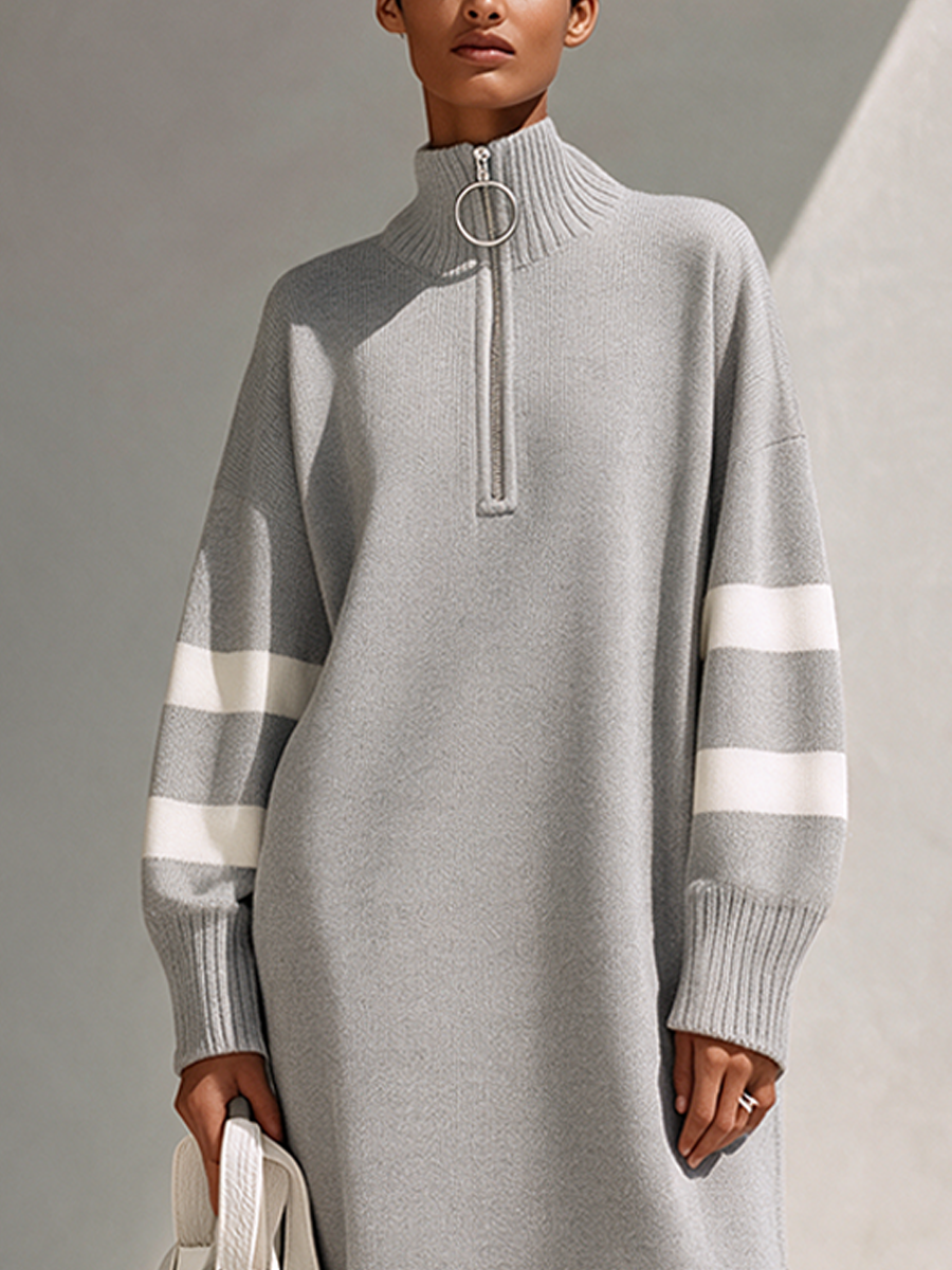 Women's Mid-Length Knit Dress With Half-Zip And Contrast Stripes MDZ2147H5ZRK
