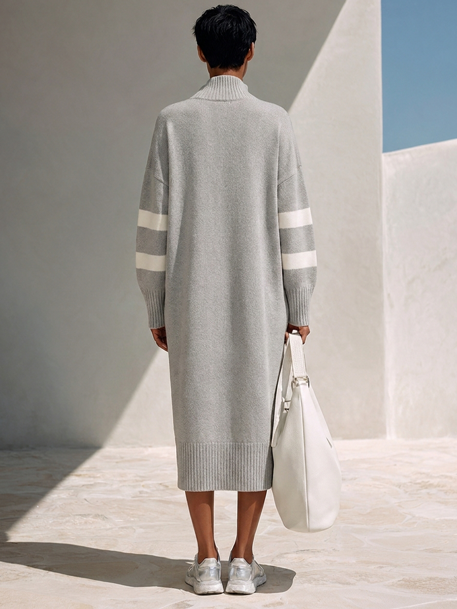 Women's Mid-Length Knit Dress With Half-Zip And Contrast Stripes MDZ2147H5ZRK