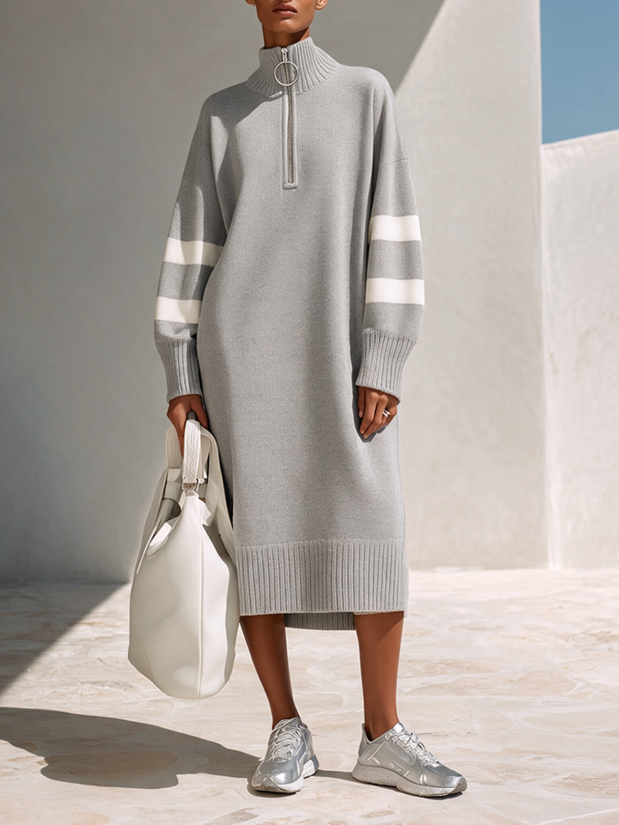 Women's Mid-Length Knit Dress With Half-Zip And Contrast Stripes MDZ2147H5ZRK