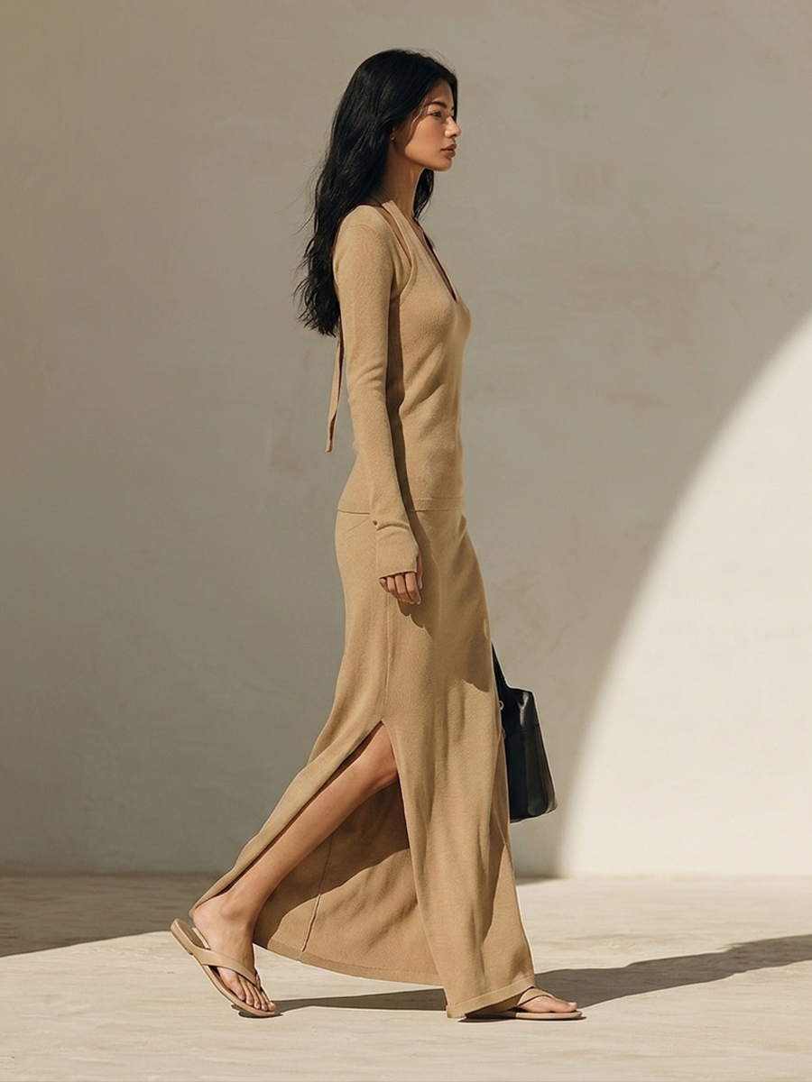 Women's Halter-Style "Faux-Layer" Knit Top And Skirt Set MDZ2109H8ZRK