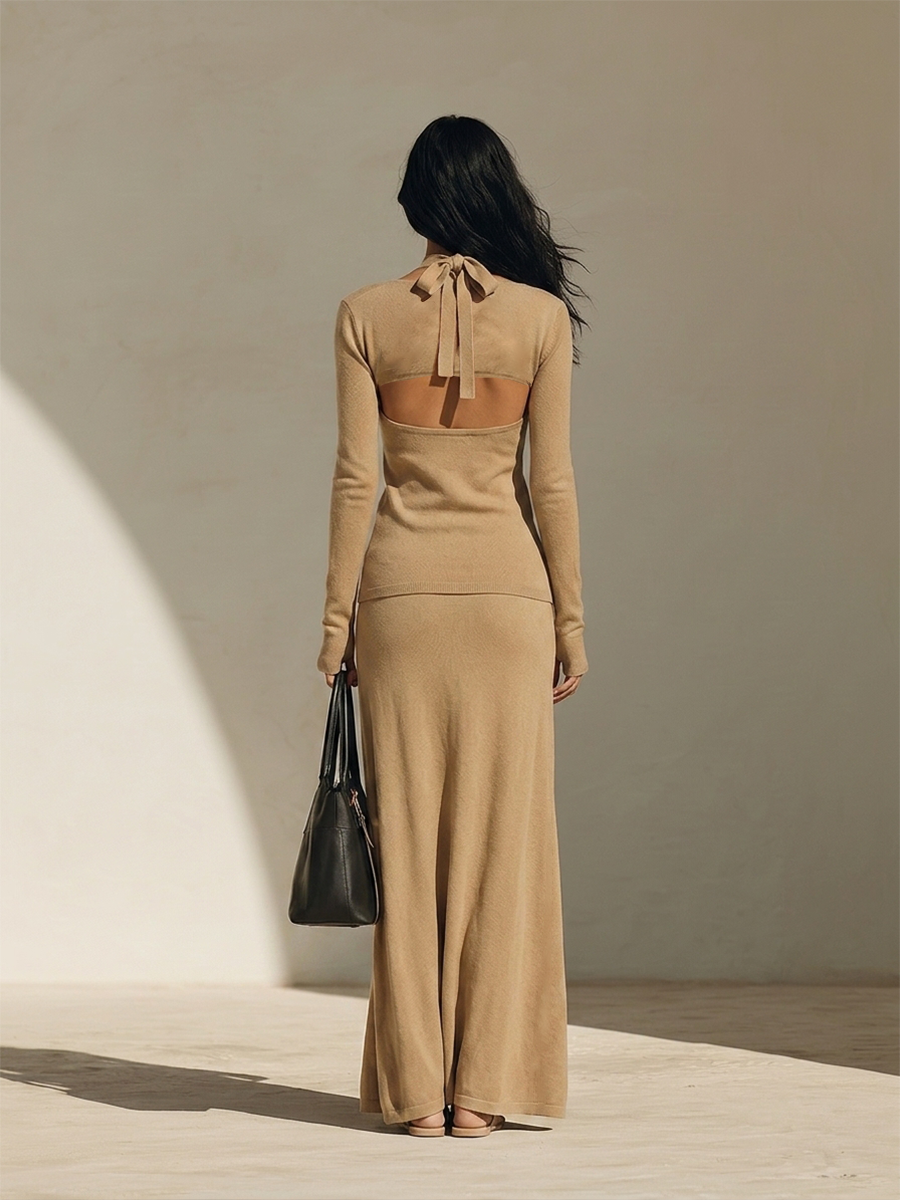 Women's Halter-Style "Faux-Layer" Knit Top And Skirt Set MDZ2109H8ZRK