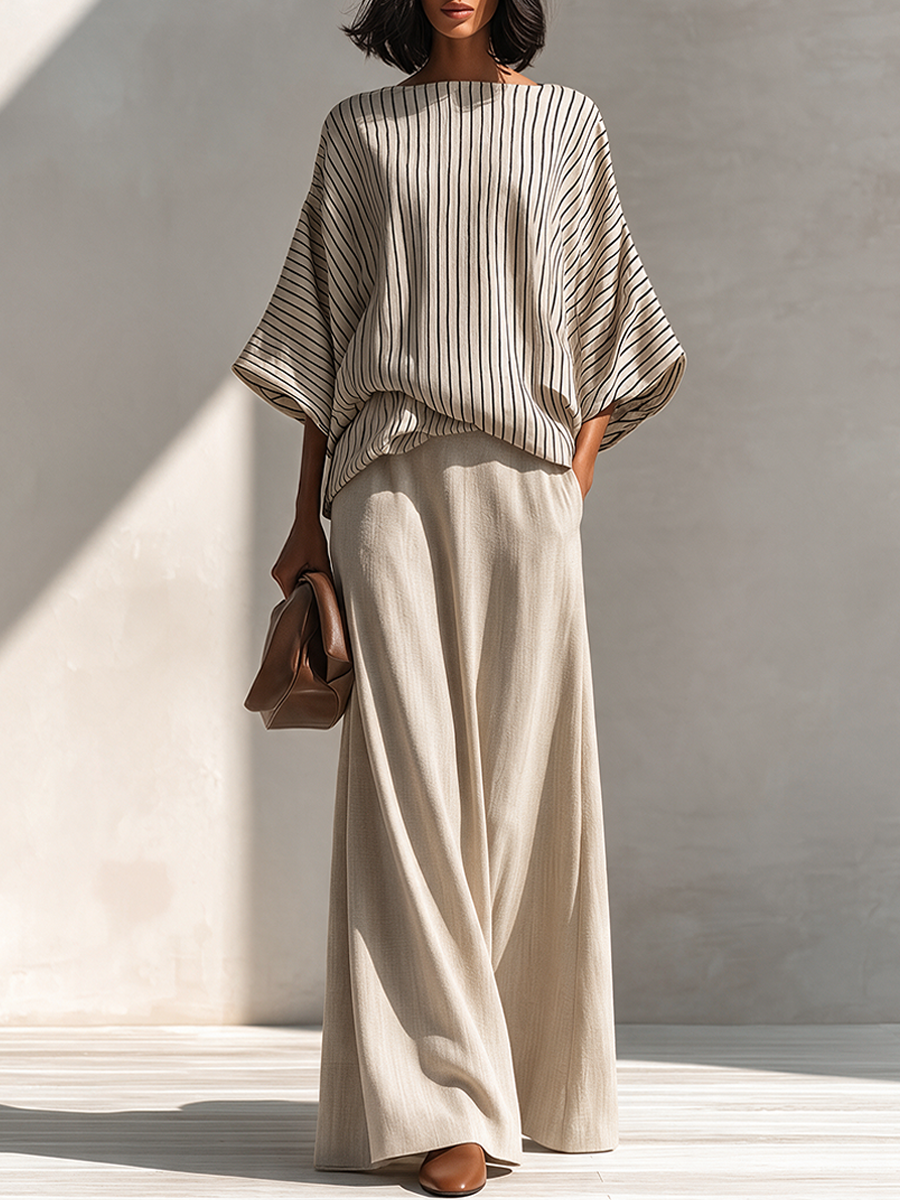 Women's Striped Loose Cotton-Linen Set MDZ2161H2ZRK