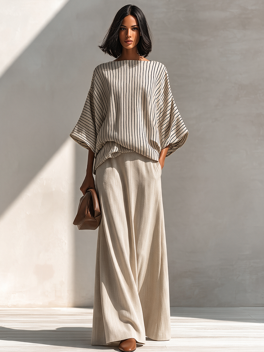 Women's Striped Loose Cotton-Linen Set MDZ2161H2ZRK