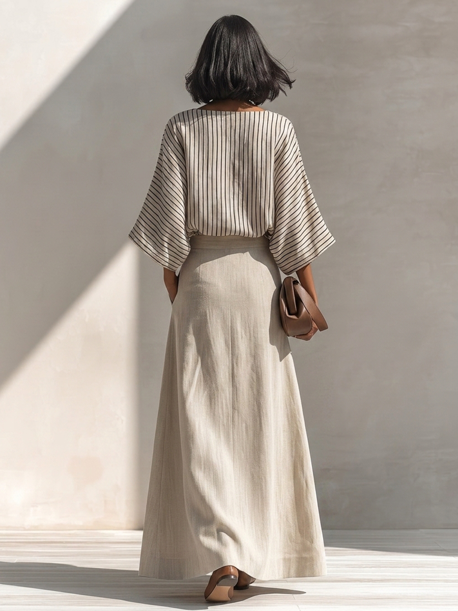 Women's Striped Loose Cotton-Linen Set MDZ2161H2ZRK