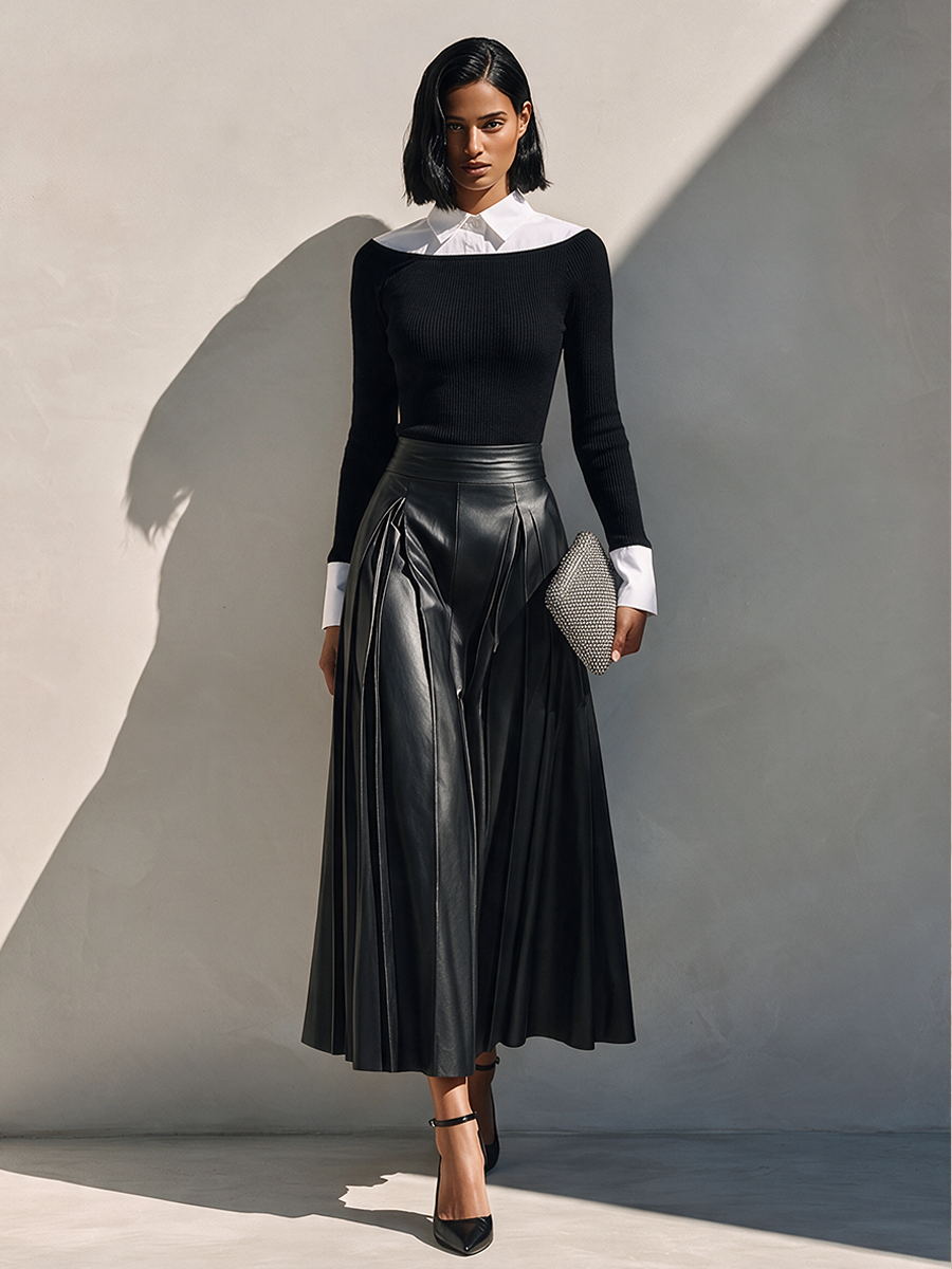 Women's Faux-Layer Knit Top & Leather Skirt Set MDZ2178H8ZRK