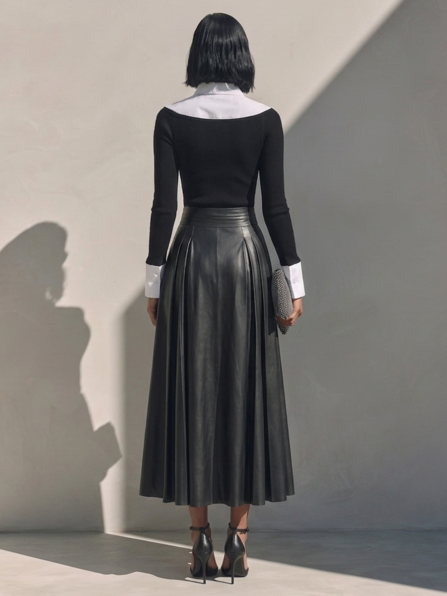 Women's Faux-Layer Knit Top & Leather Skirt Set MDZ2178H8ZRK