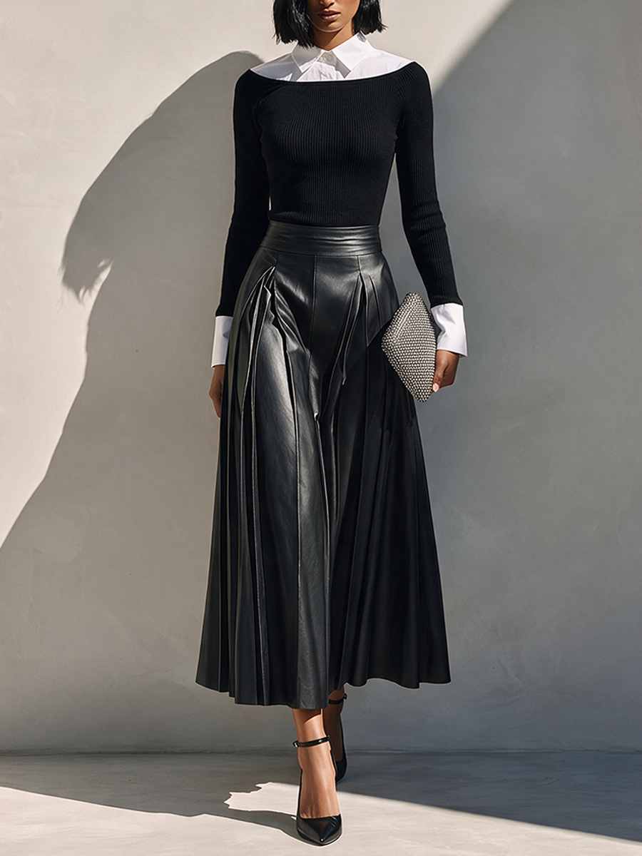 Women's High-Waisted Pleated Leather Skirt MDZ2153H1ZRK