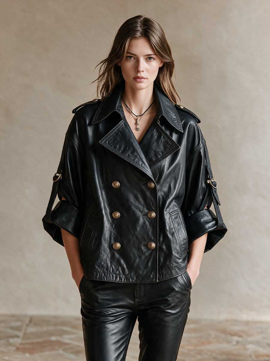 Women's Double‑Breasted Cropped Moto Jacket For City Street MDZ2151H5LYL