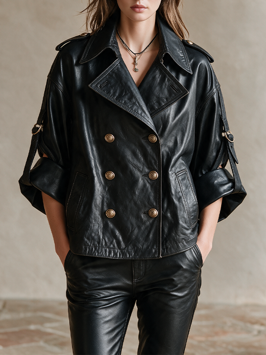 Women's Double‑Breasted Cropped Moto Jacket For City Street MDZ2151H5LYL