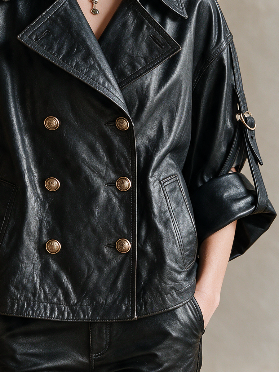 Women's Double‑Breasted Cropped Moto Jacket For City Street MDZ2151H5LYL