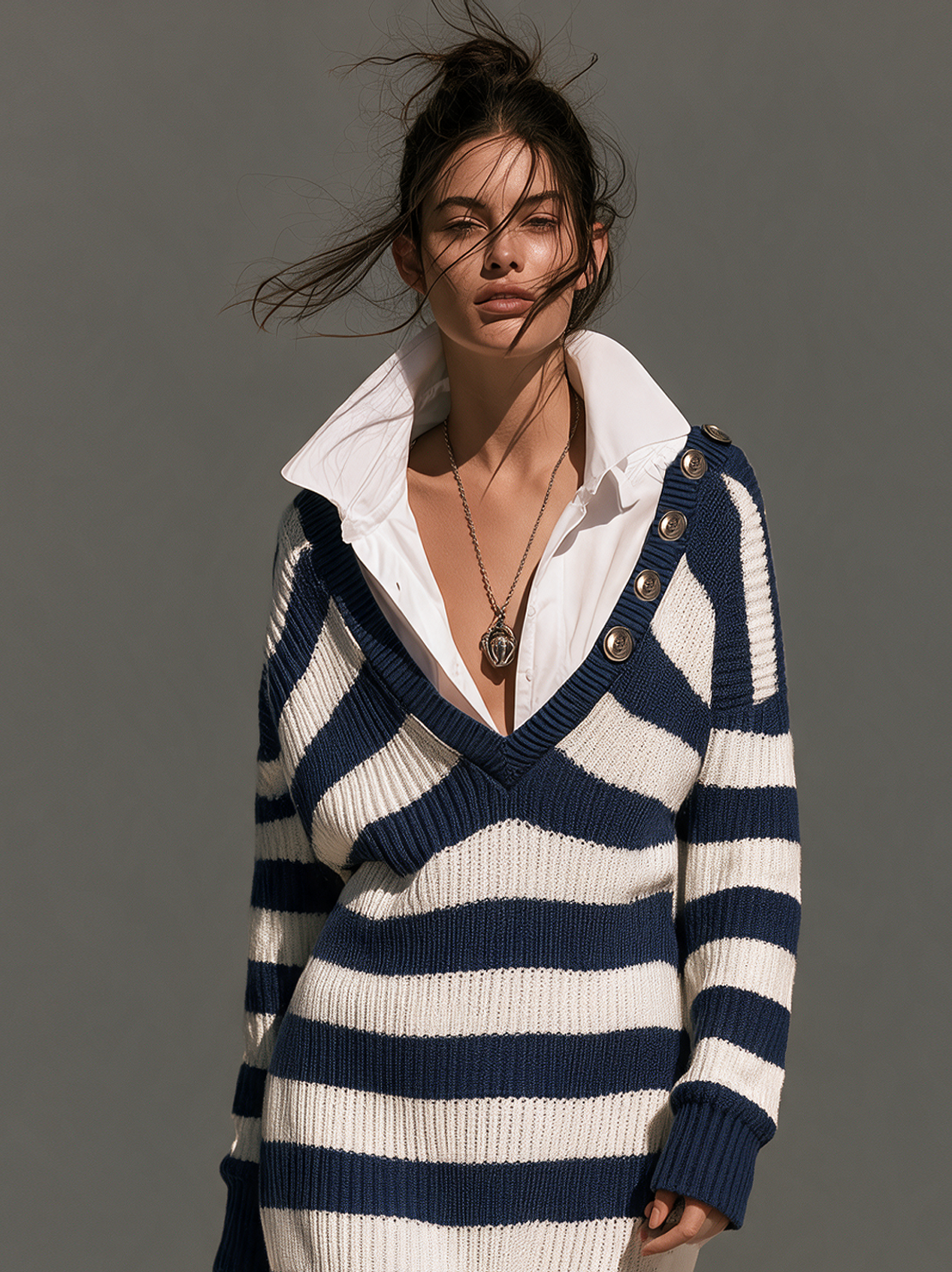 Women's Vintage Striped Shirt-collar Faux Two-piece Sweater Dress With Side Slits MDZ2160H6WY