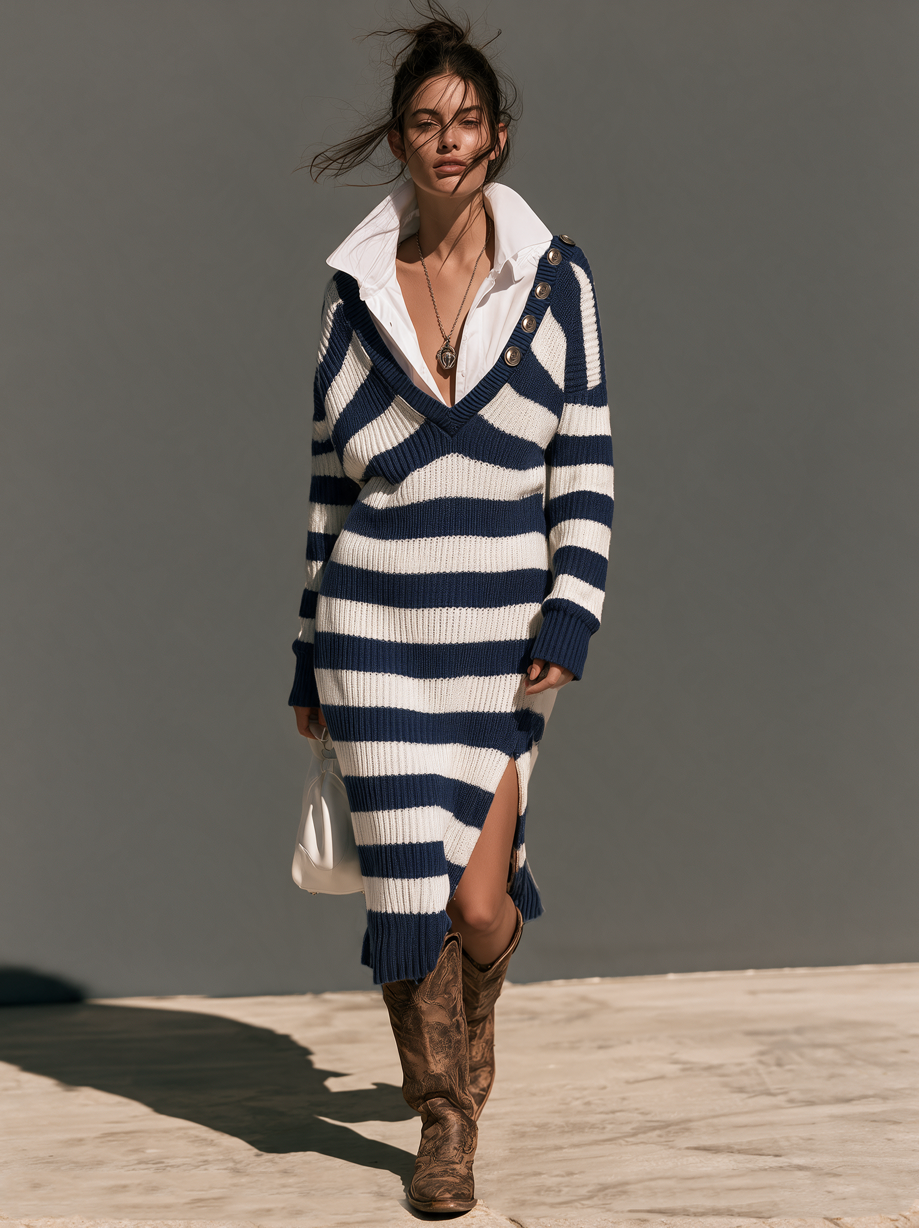 Women's Vintage Striped Shirt-collar Faux Two-piece Sweater Dress With Side Slits MDZ2160H6WY