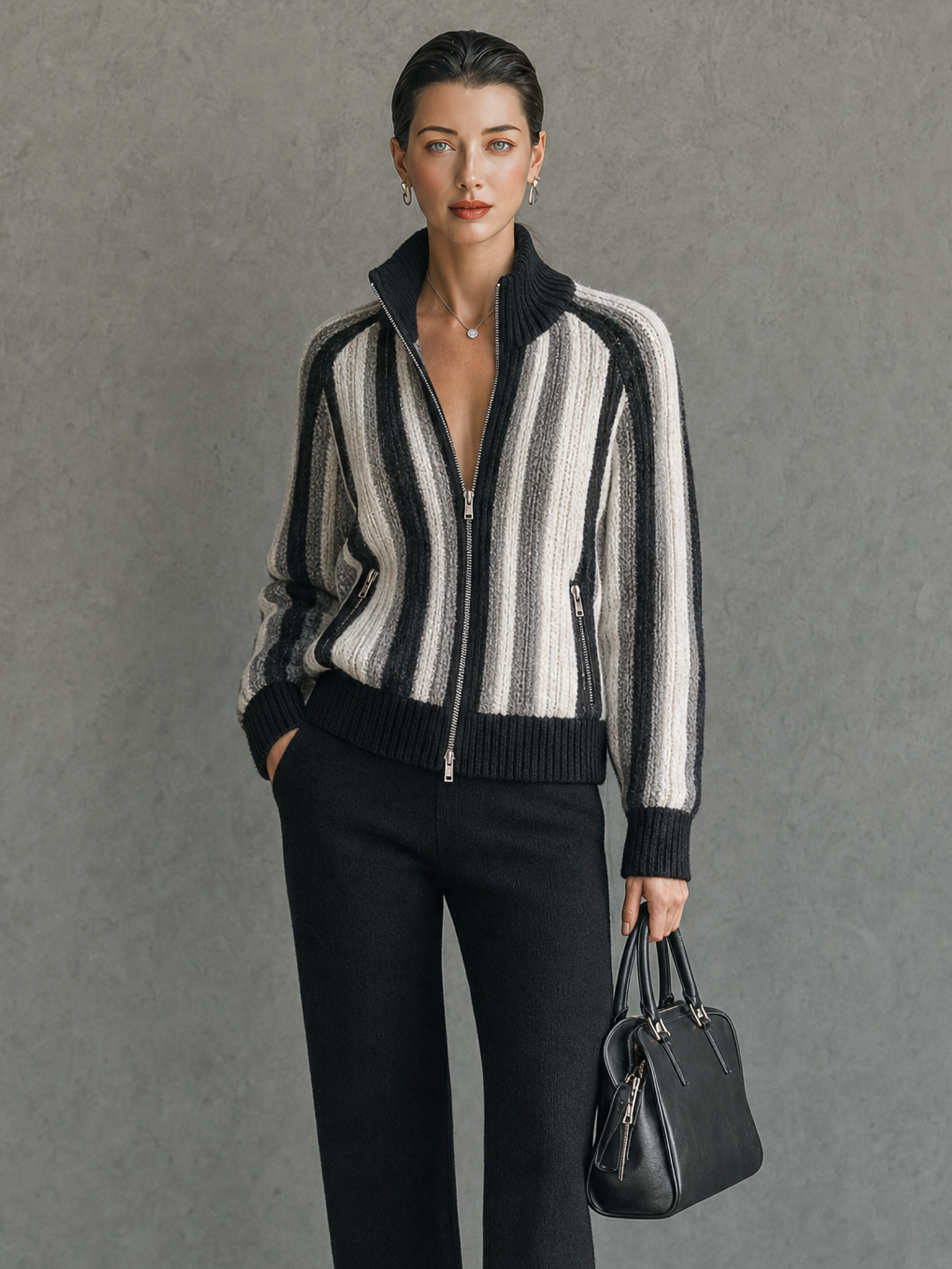 Women's Vintage Vertical-Stripe Zip-Up Cardigan With Stand Collar MDZ2167H4WY