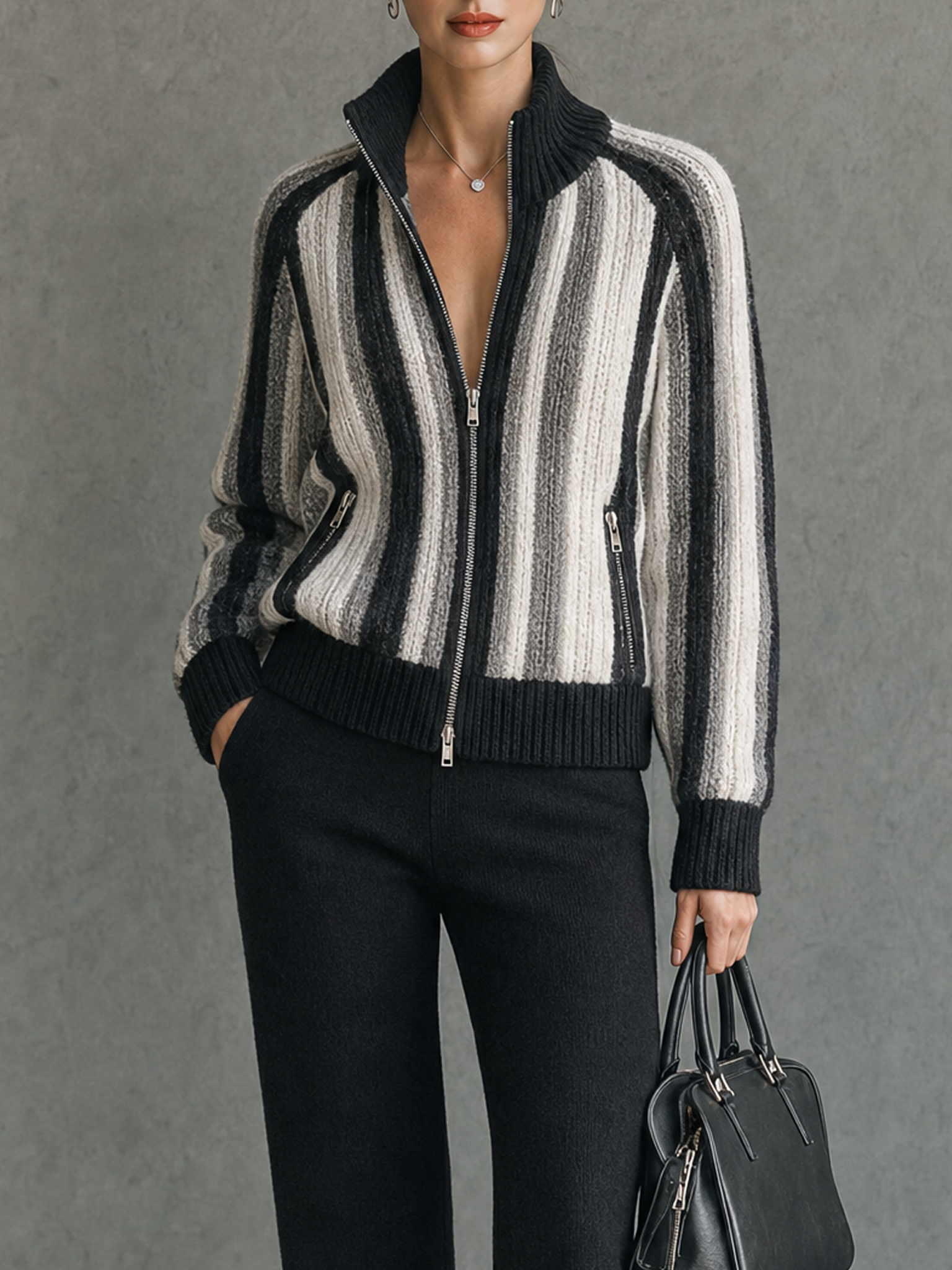 Women's Vintage Vertical-Stripe Zip-Up Cardigan With Stand Collar MDZ2167H4WY