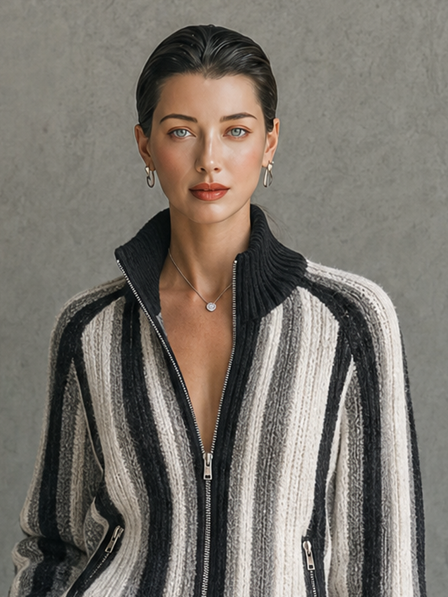 Women's Vintage Vertical-Stripe Zip-Up Cardigan With Stand Collar MDZ2167H4WY