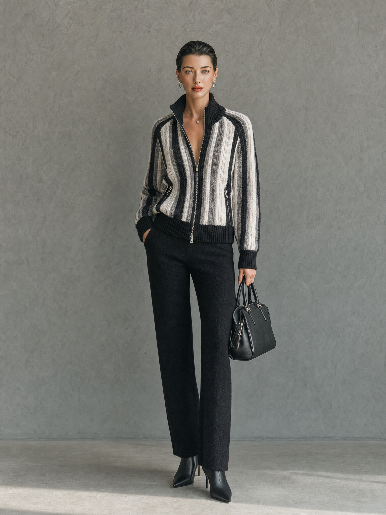 Women's Vintage Vertical-Stripe Zip-Up Cardigan With Stand Collar MDZ2167H4WY