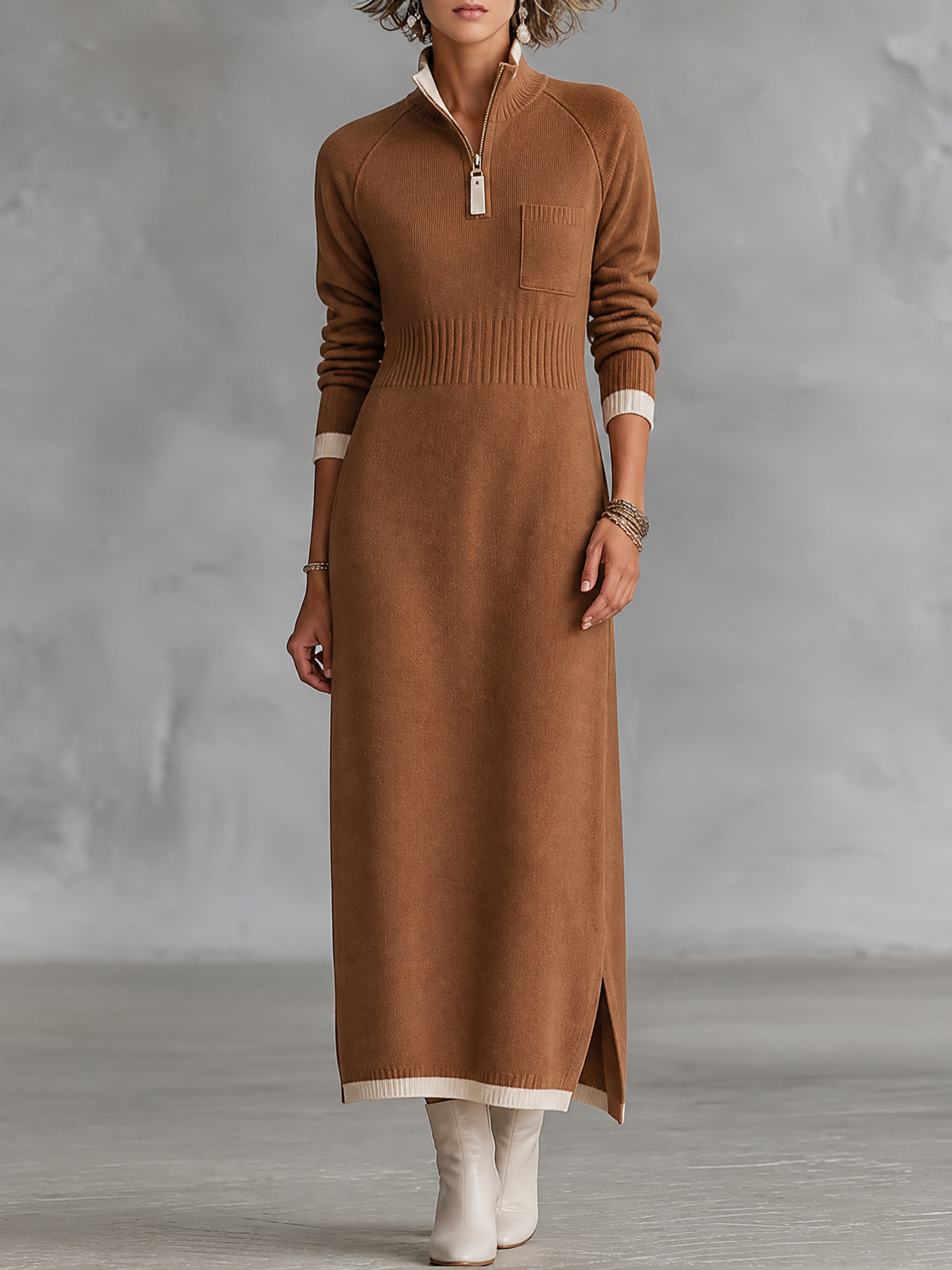 Women's Retro Color-Block Raglan-Sleeve Maxi Dress With Trim And Zip-Up Stand Collar MDZ2180H2WY