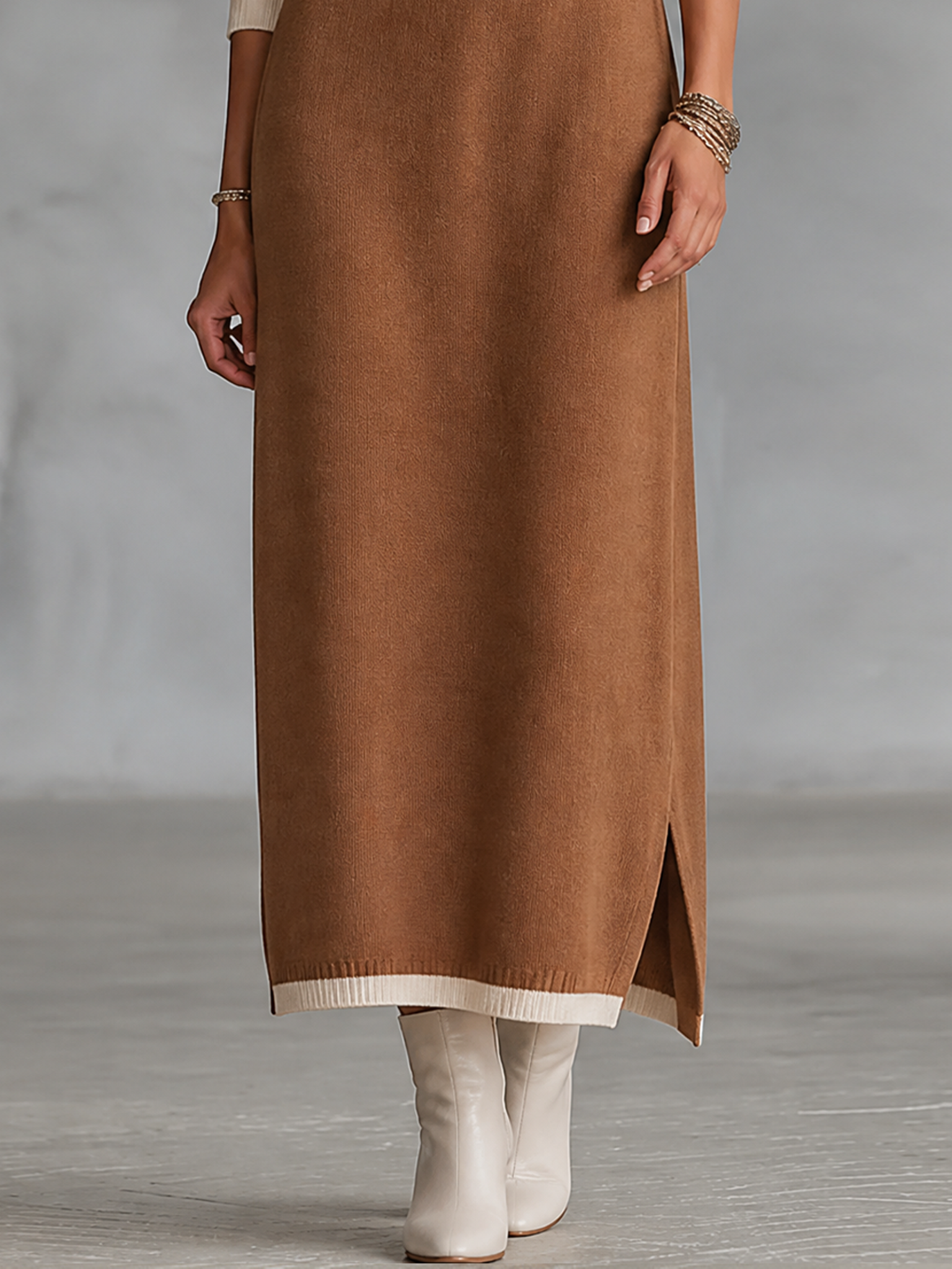 Women's Retro Color-Block Raglan-Sleeve Maxi Dress With Trim And Zip-Up Stand Collar MDZ2180H2WY