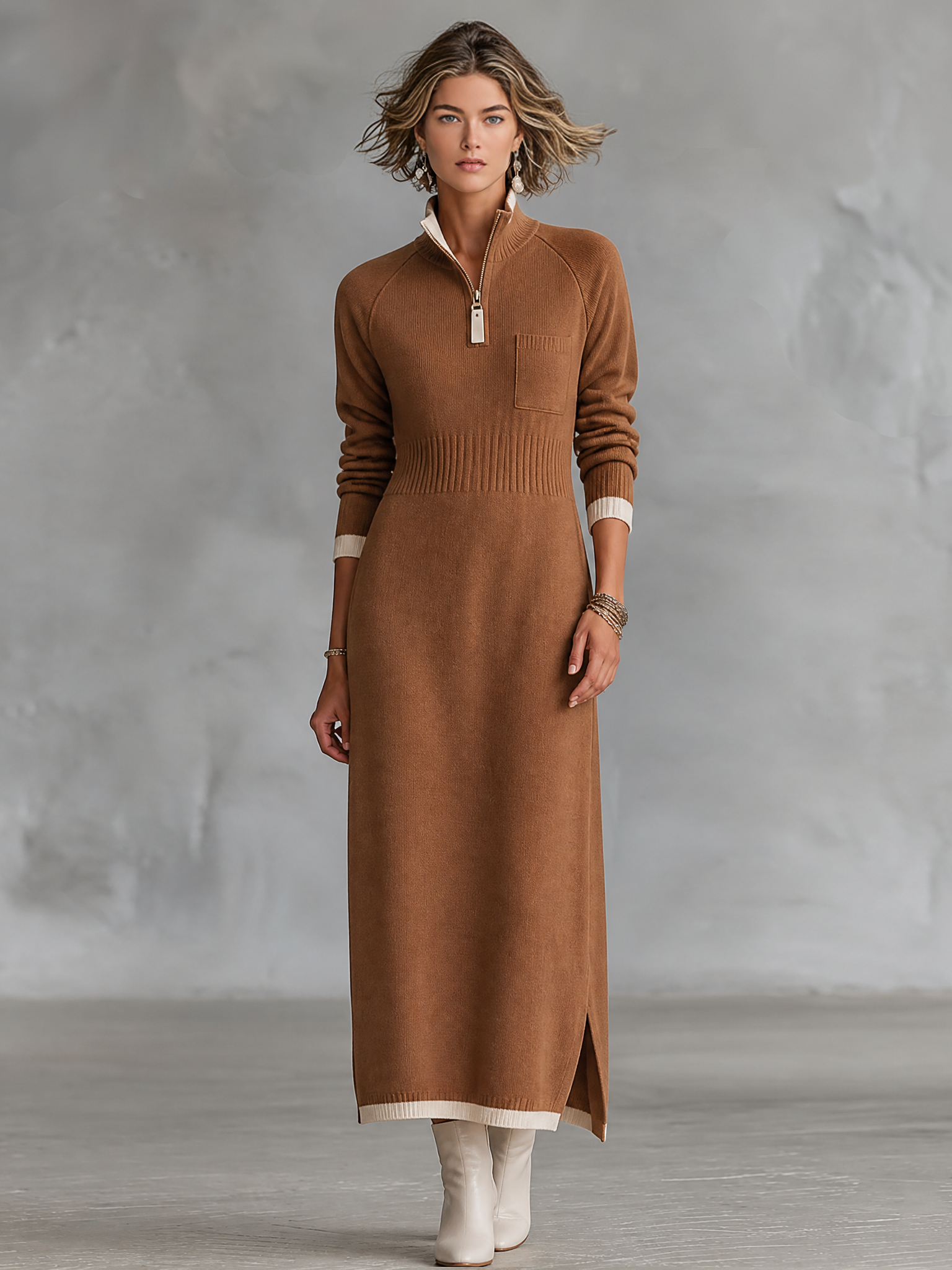 Women's Retro Color-Block Raglan-Sleeve Maxi Dress With Trim And Zip-Up Stand Collar MDZ2180H2WY