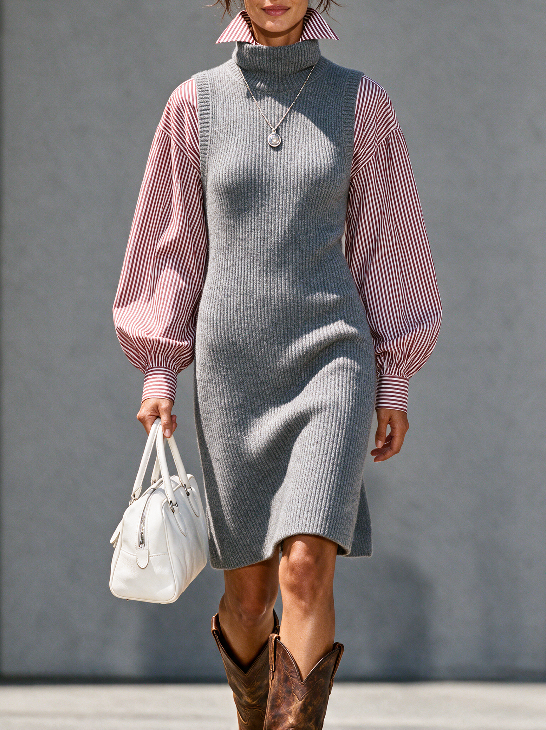 Women's Retro Mock-Neck Sweater Dress And Striped Long-Sleeve Shirt Set MDZ2130H9WY