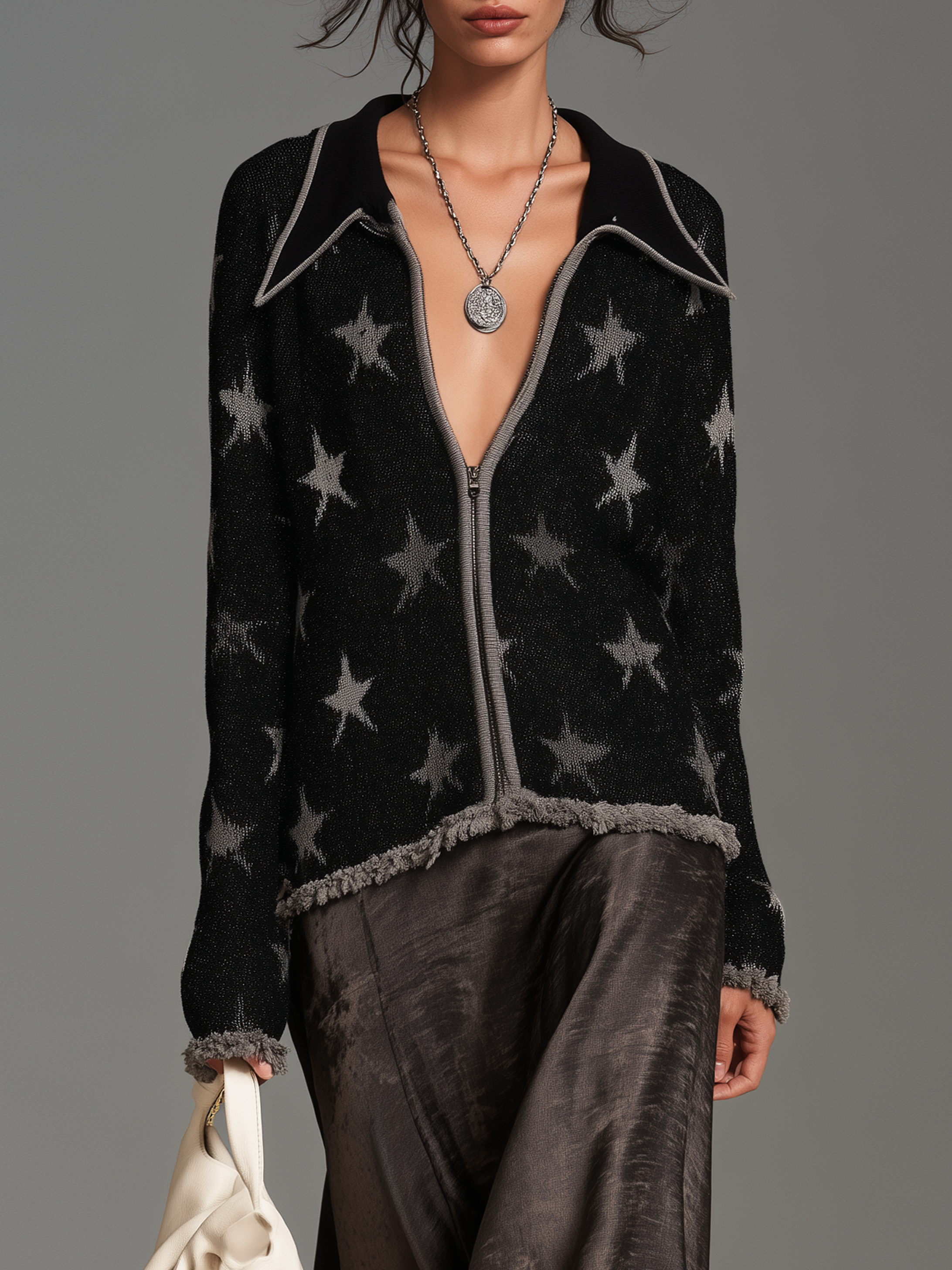 Women's Vintage Star Jacquard Cardigan With Zipper And Raw Hem MDZ2125H3WY