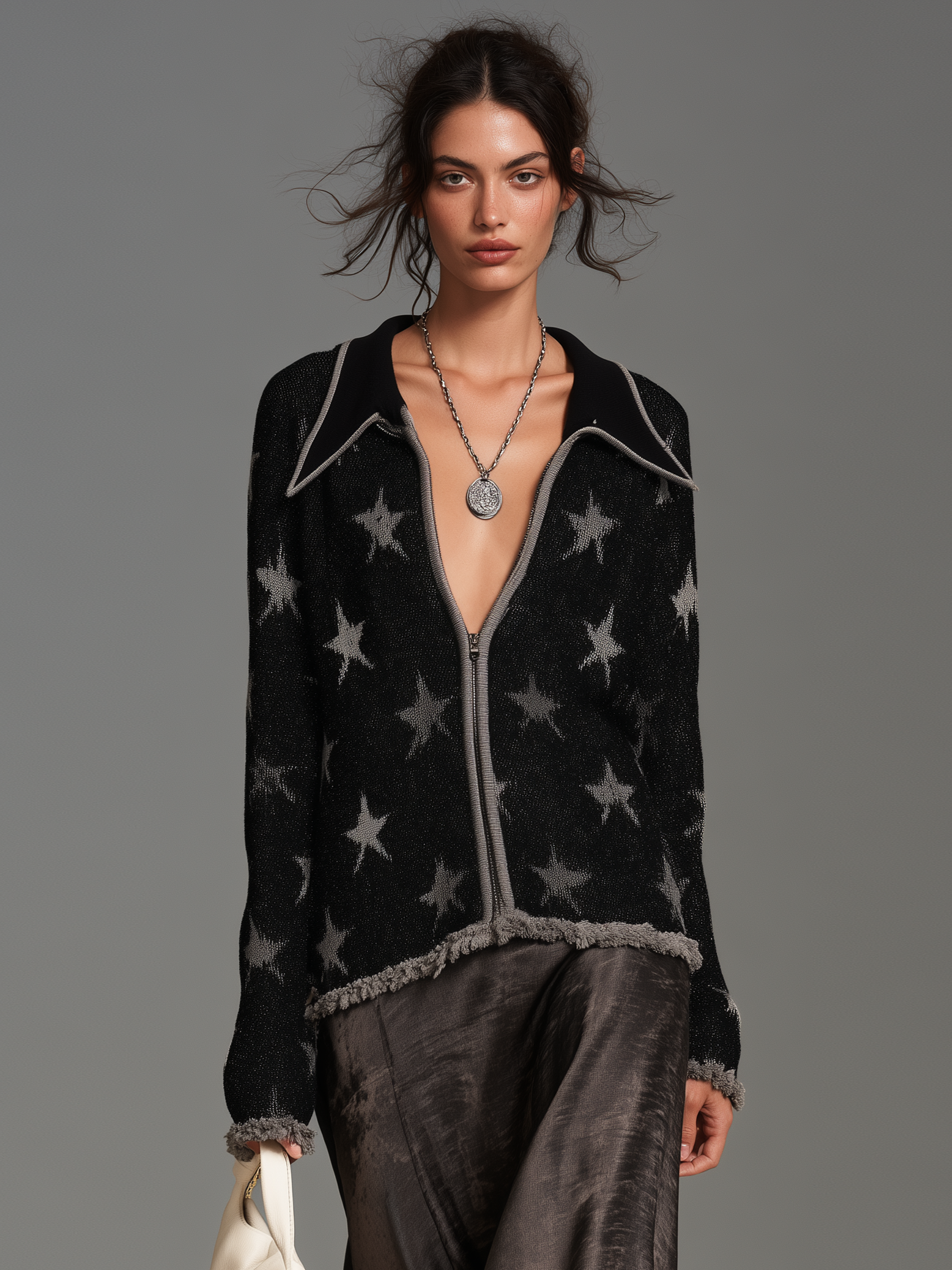 Women's Vintage Star Jacquard Cardigan With Zipper And Raw Hem MDZ2125H3WY