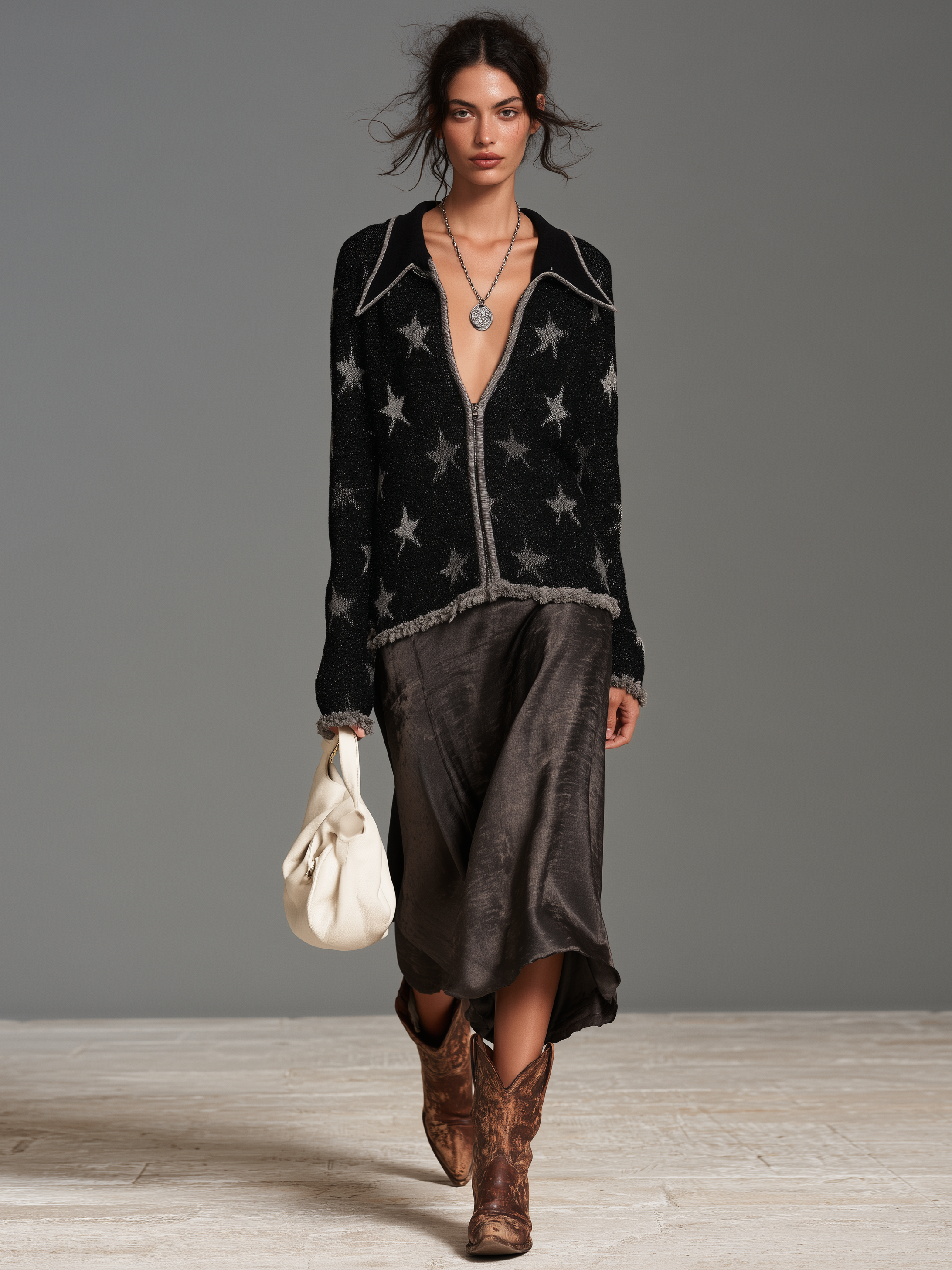 Women's Vintage Star Jacquard Cardigan With Zipper And Raw Hem MDZ2125H3WY
