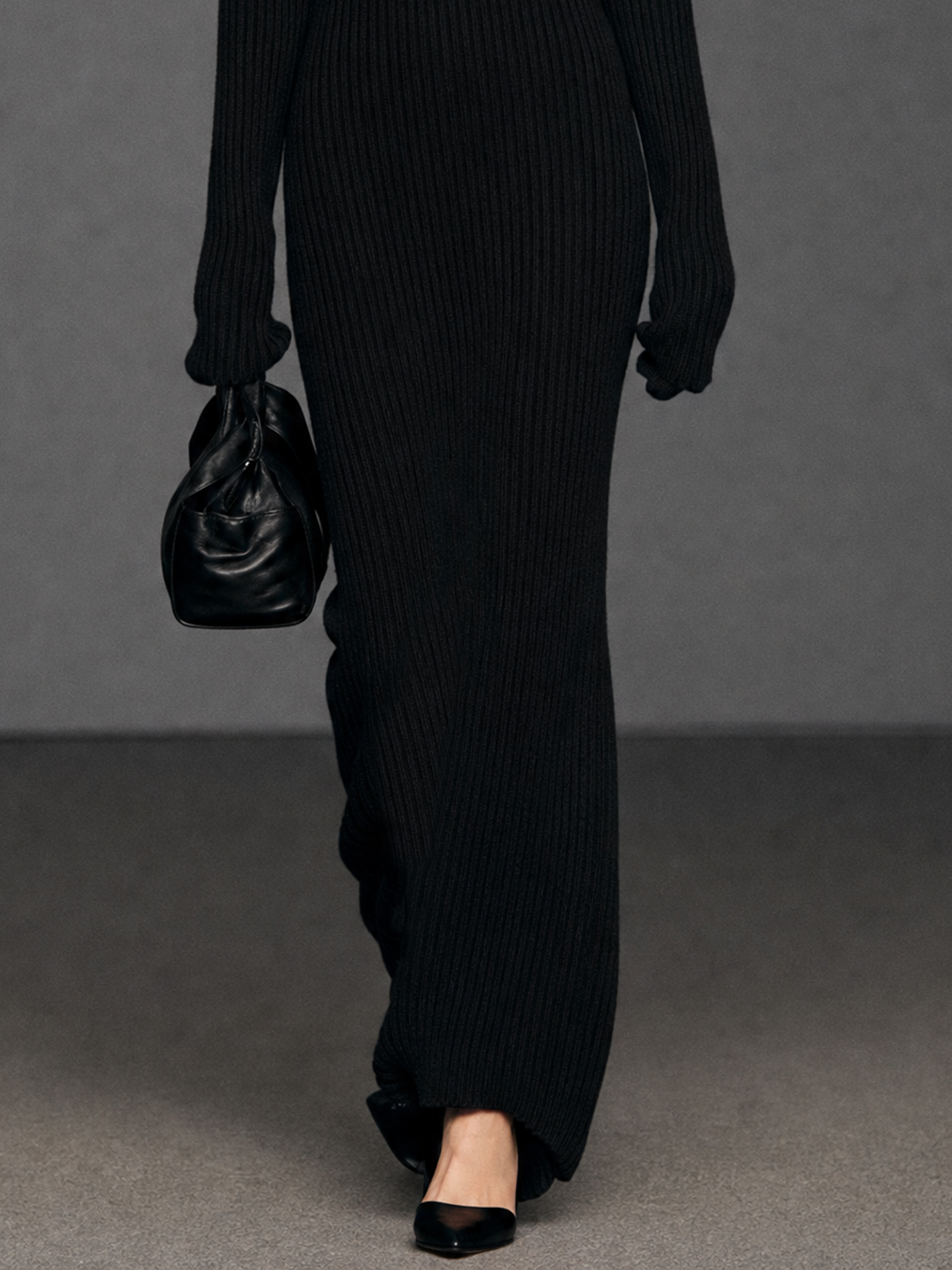 Women's Minimalist Long-Sleeve Maxi Sweater Dress With Organza Paneling MDZ2155H2WY