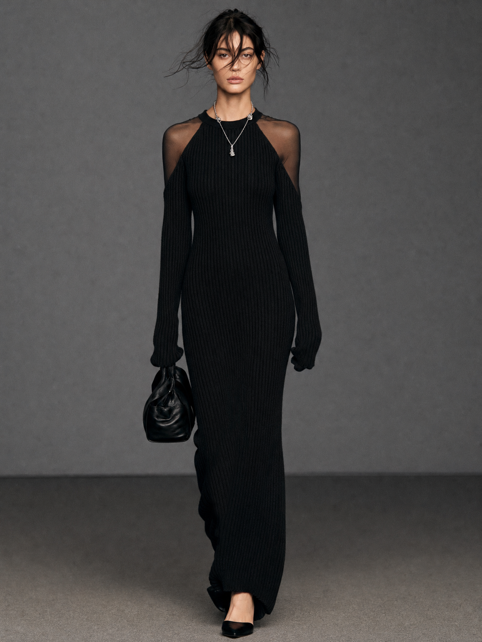 Women's Minimalist Long-Sleeve Maxi Sweater Dress With Organza Paneling MDZ2155H2WY
