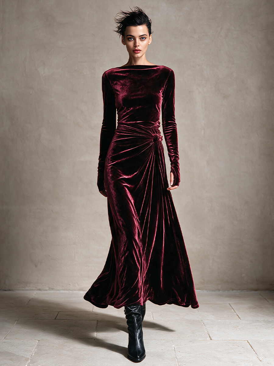 Women's Twist‑Knot Velvet Maxi Dress For Formal Dinner MDZ2122H8LYL