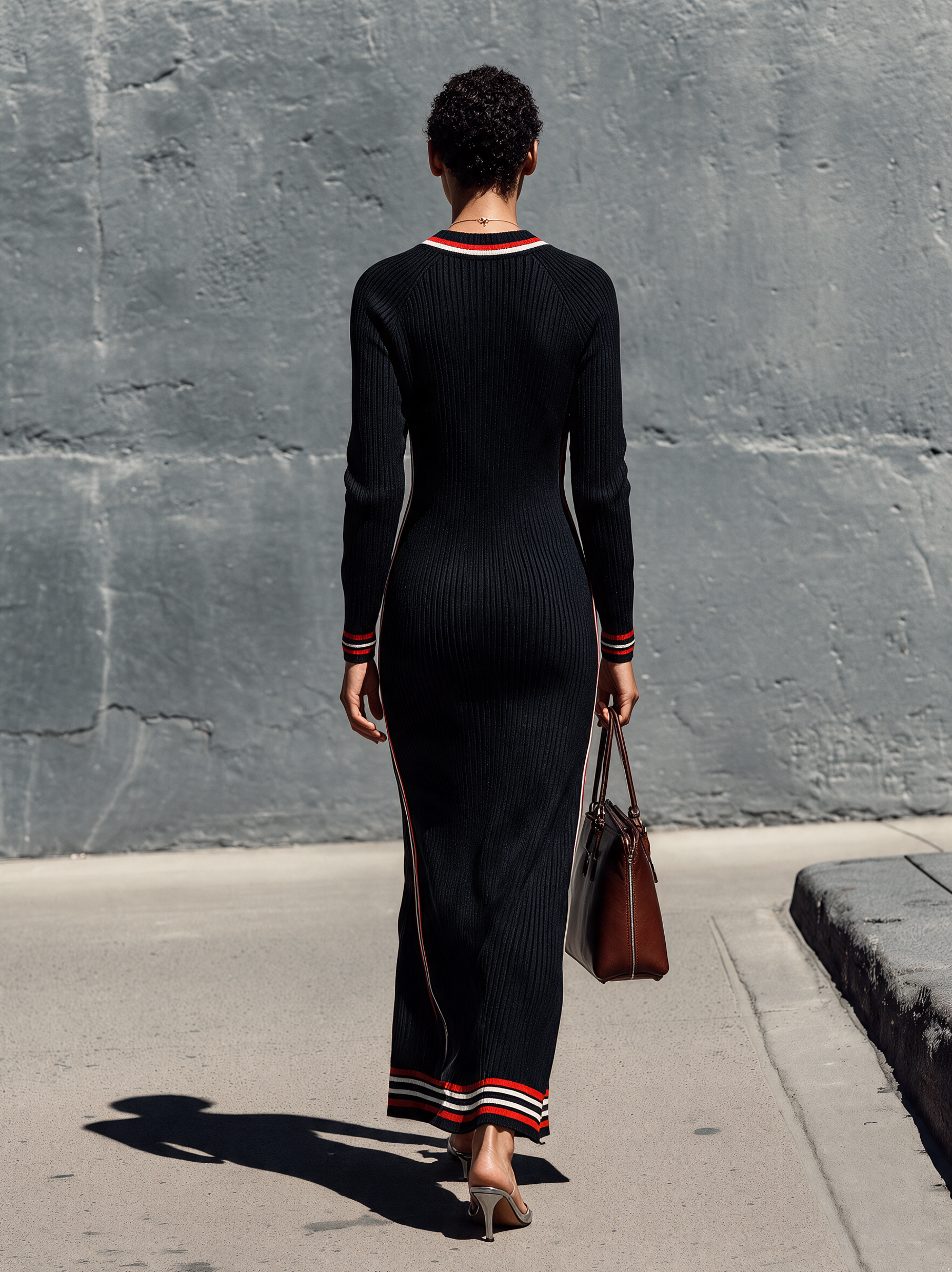 Women's Casual Black Knitted V-Neck Long-Sleeve Maxi Dress MDZ2138H1LXY